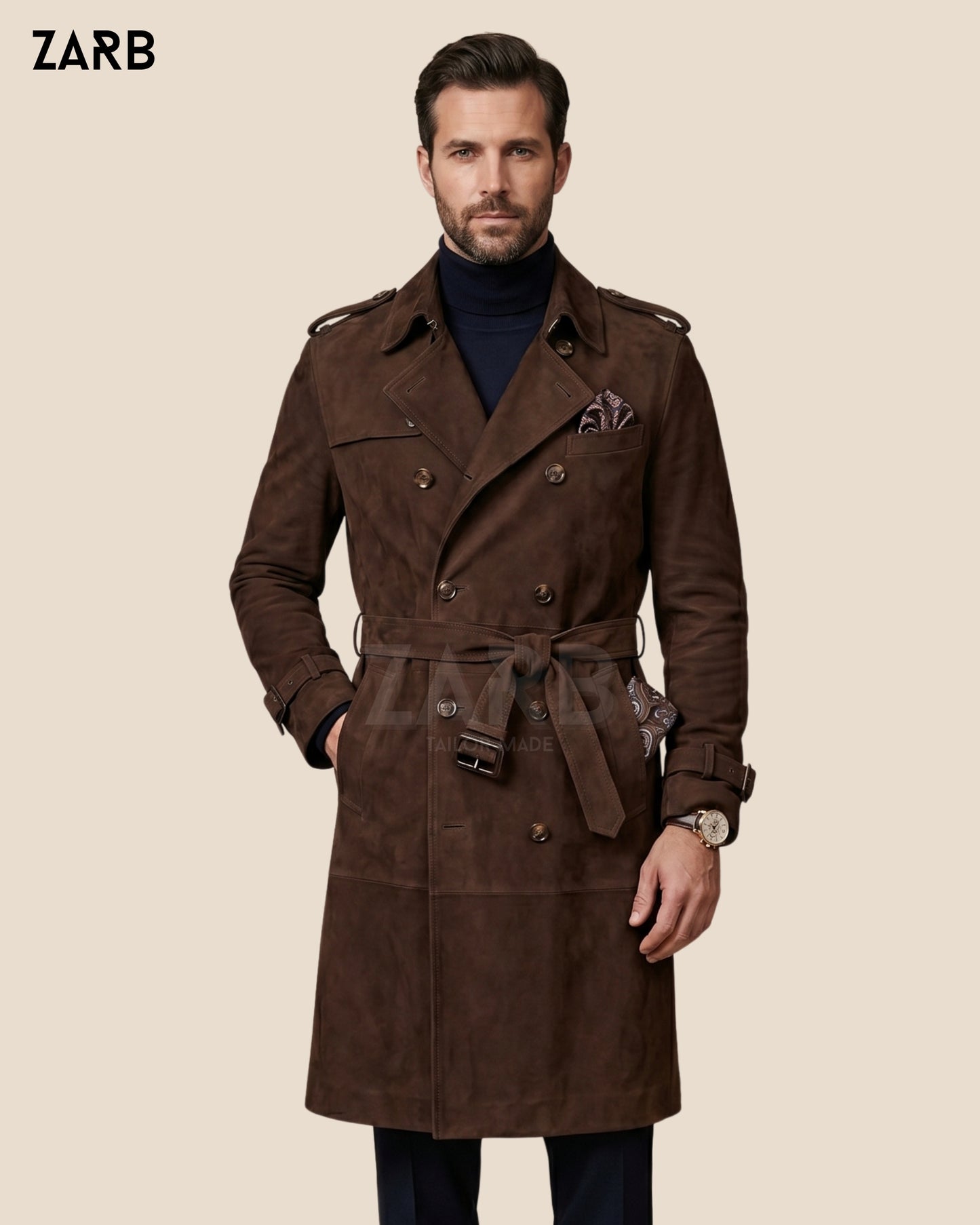 Mens brown suede trench coat with double breasted front and belted waist