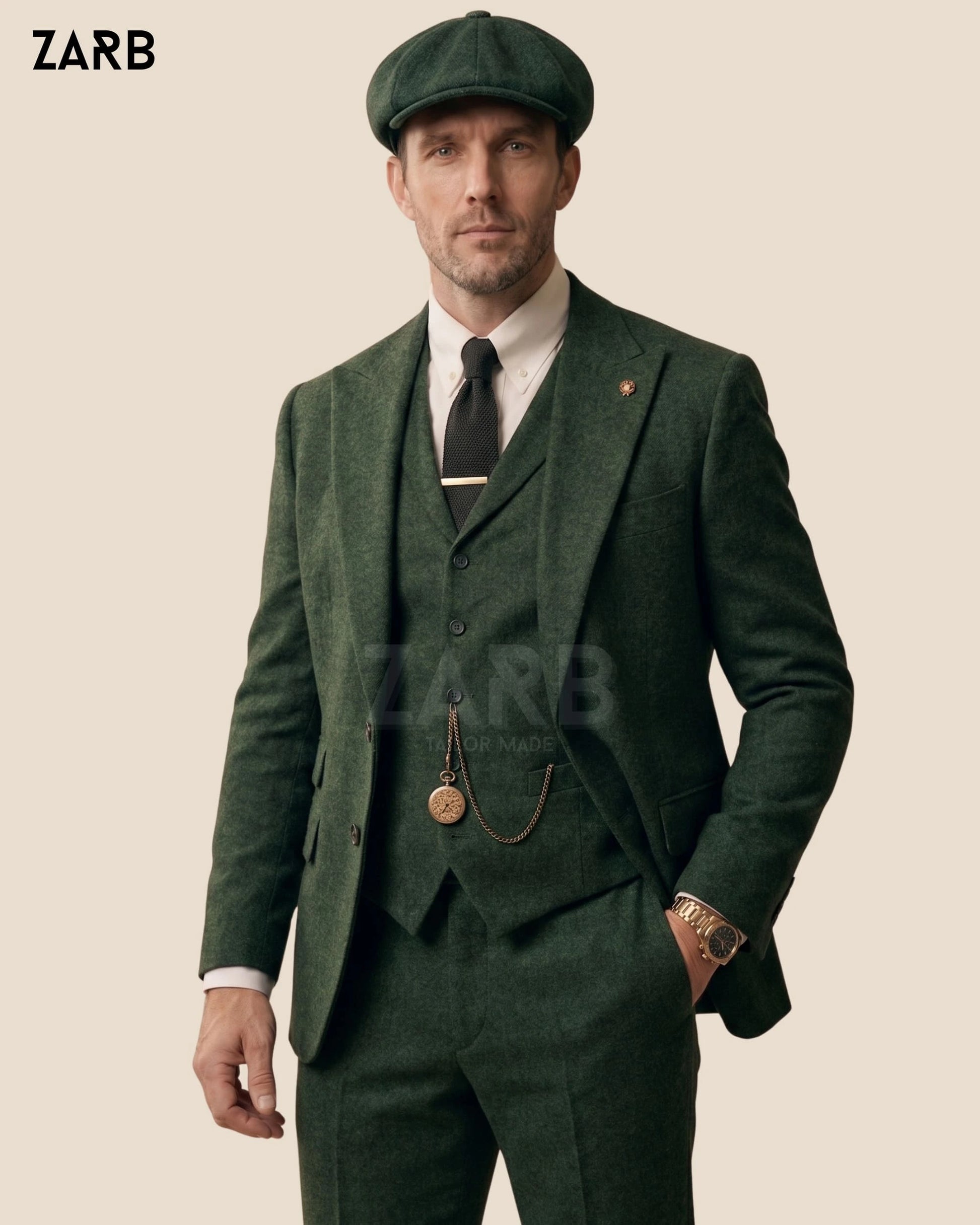 Mens green tweed 3 piece suit with cap for vintage wedding styling