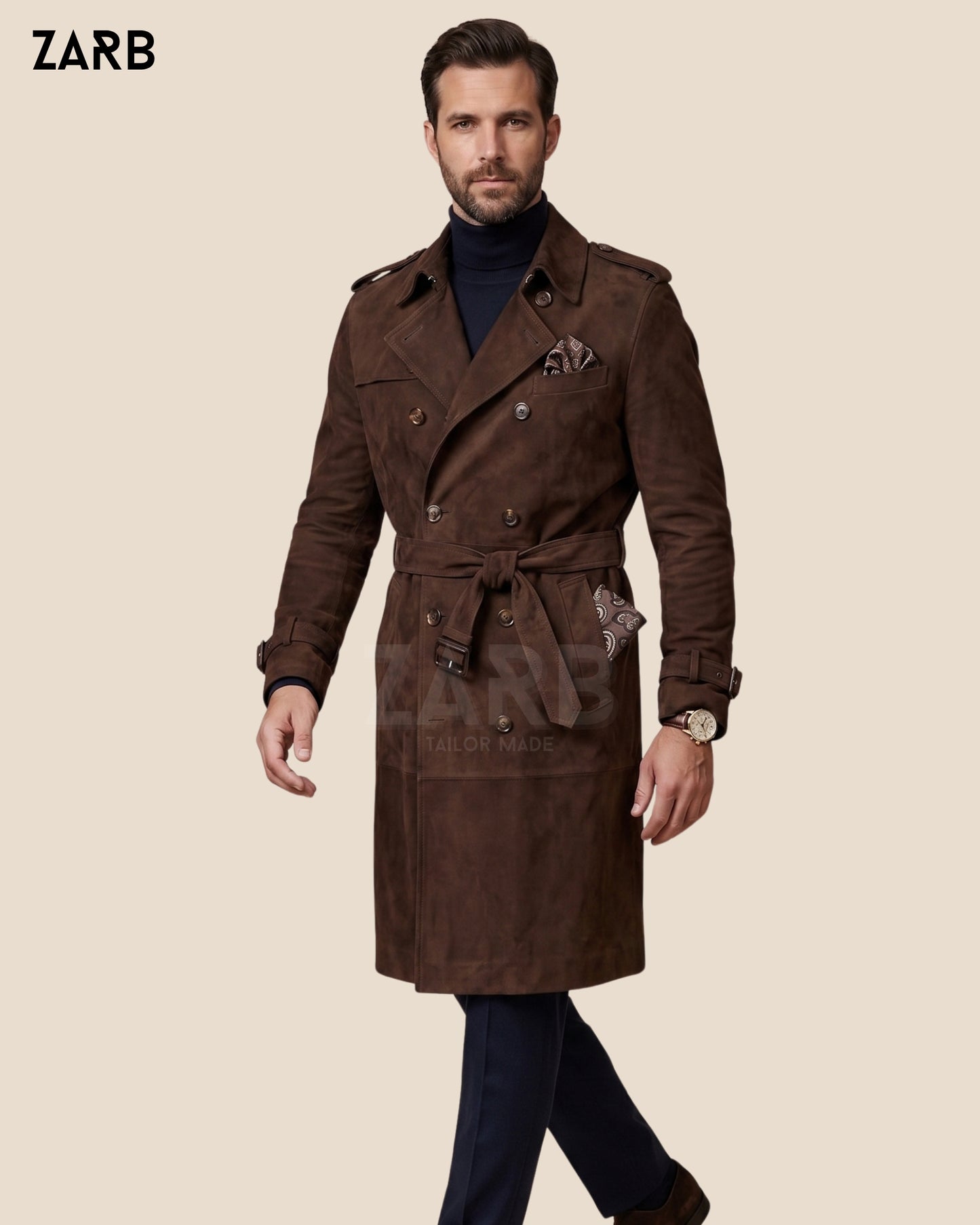 Mens suede trench coat styled over turtleneck for luxury winter outerwear