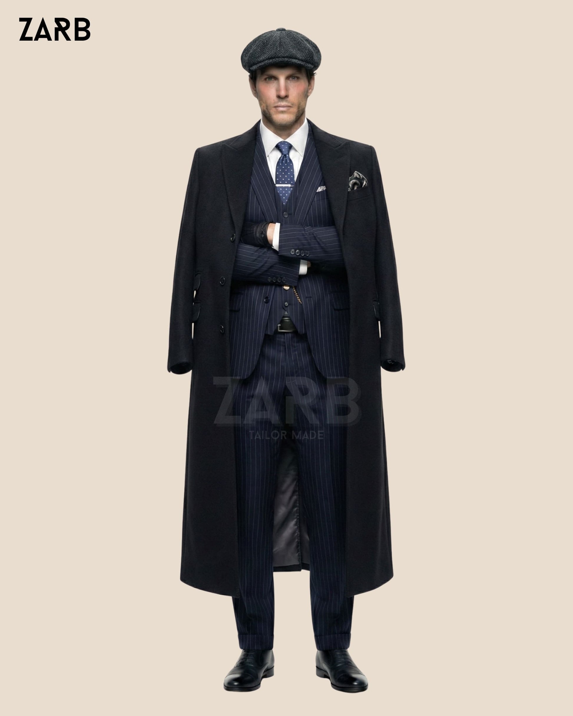 Mens vintage 1920s outfit black long coat with pinstripe suit and flat cap