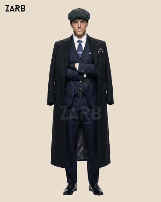 Mens vintage 1920s outfit black long coat with pinstripe suit and flat cap