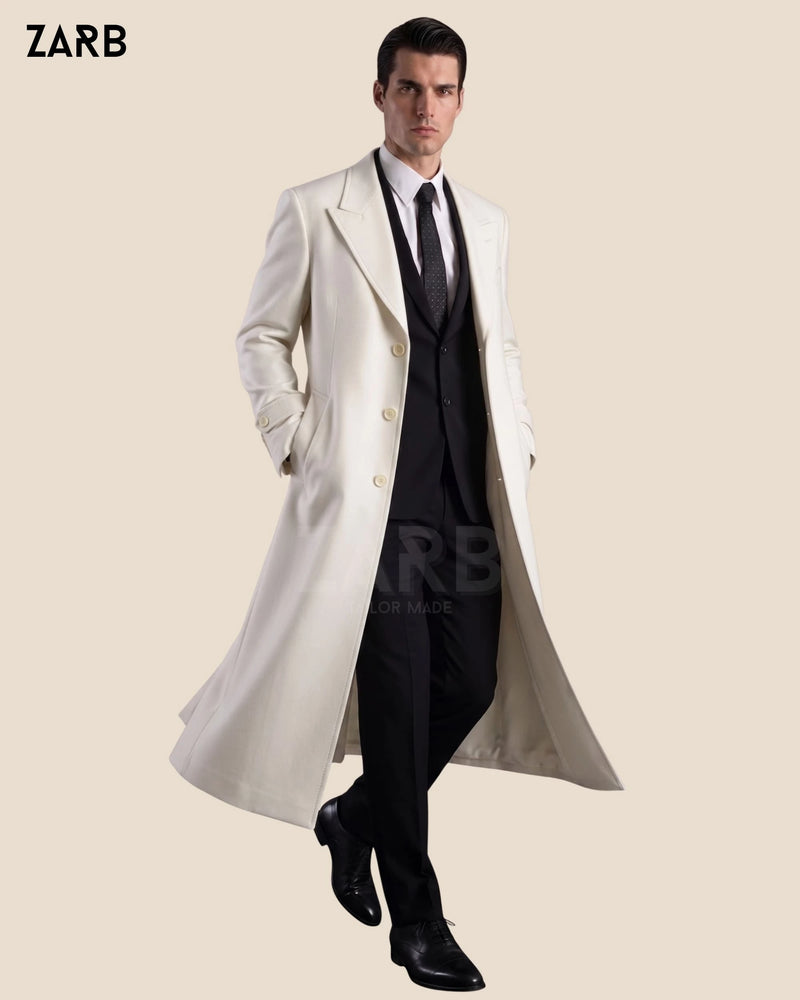Mens white wool trench coat for formal winter wedding with tailored long overcoat fit