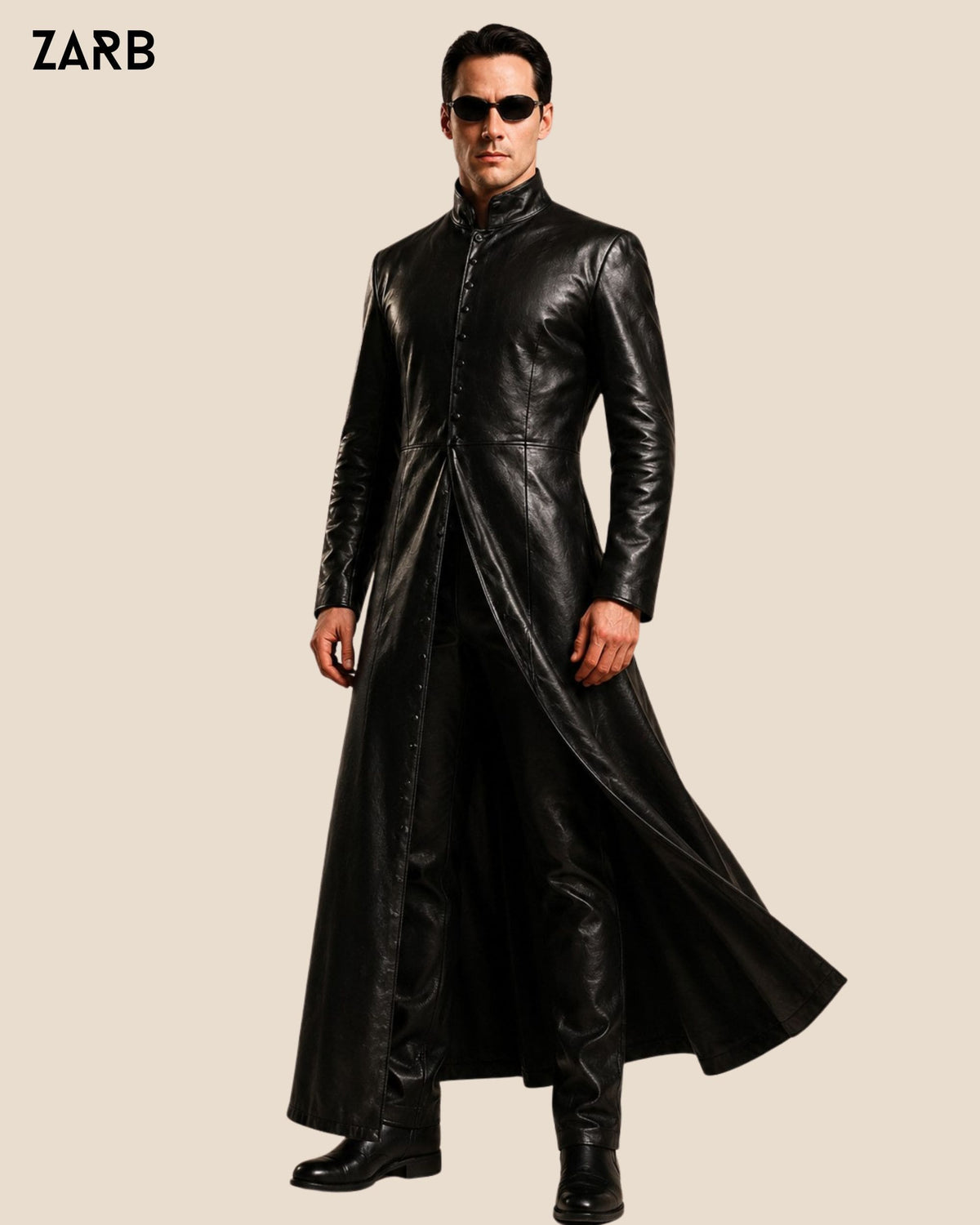 Neo Matrix style black sheepskin leather long coat for men with full length tailored silhouette