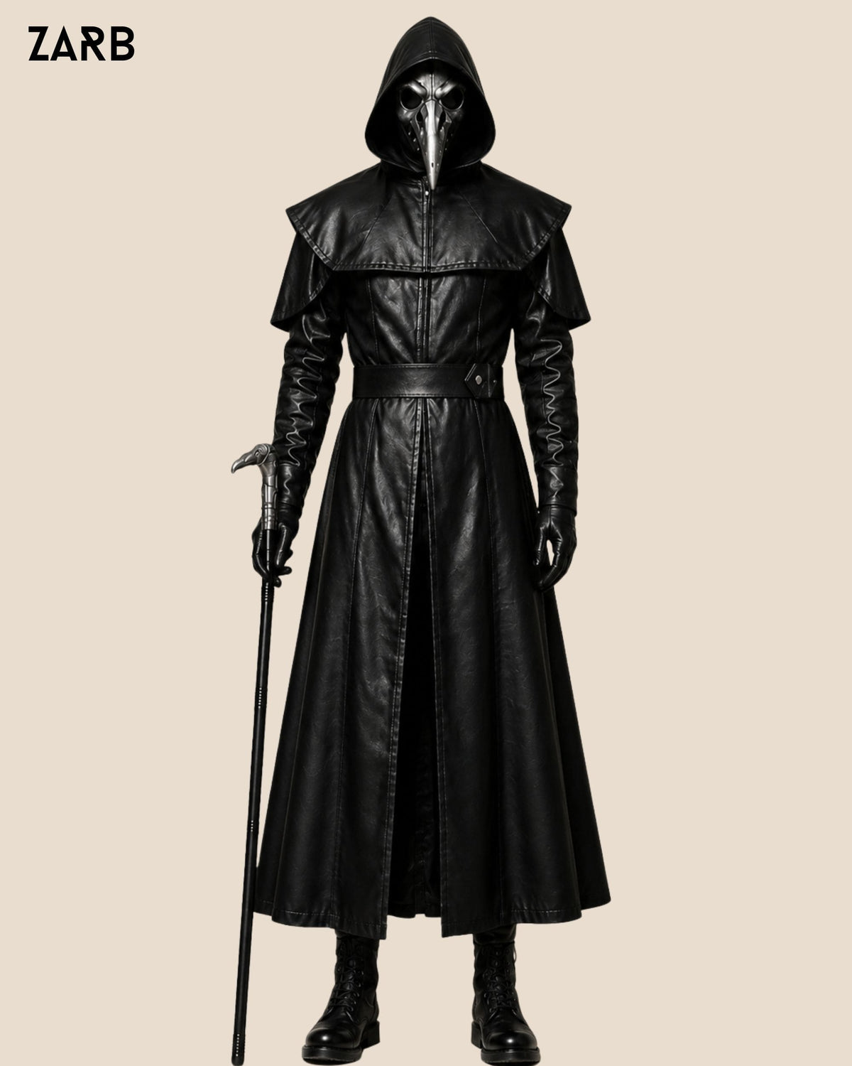 Oversized black leather hood on men's plague doctor Gothic coat