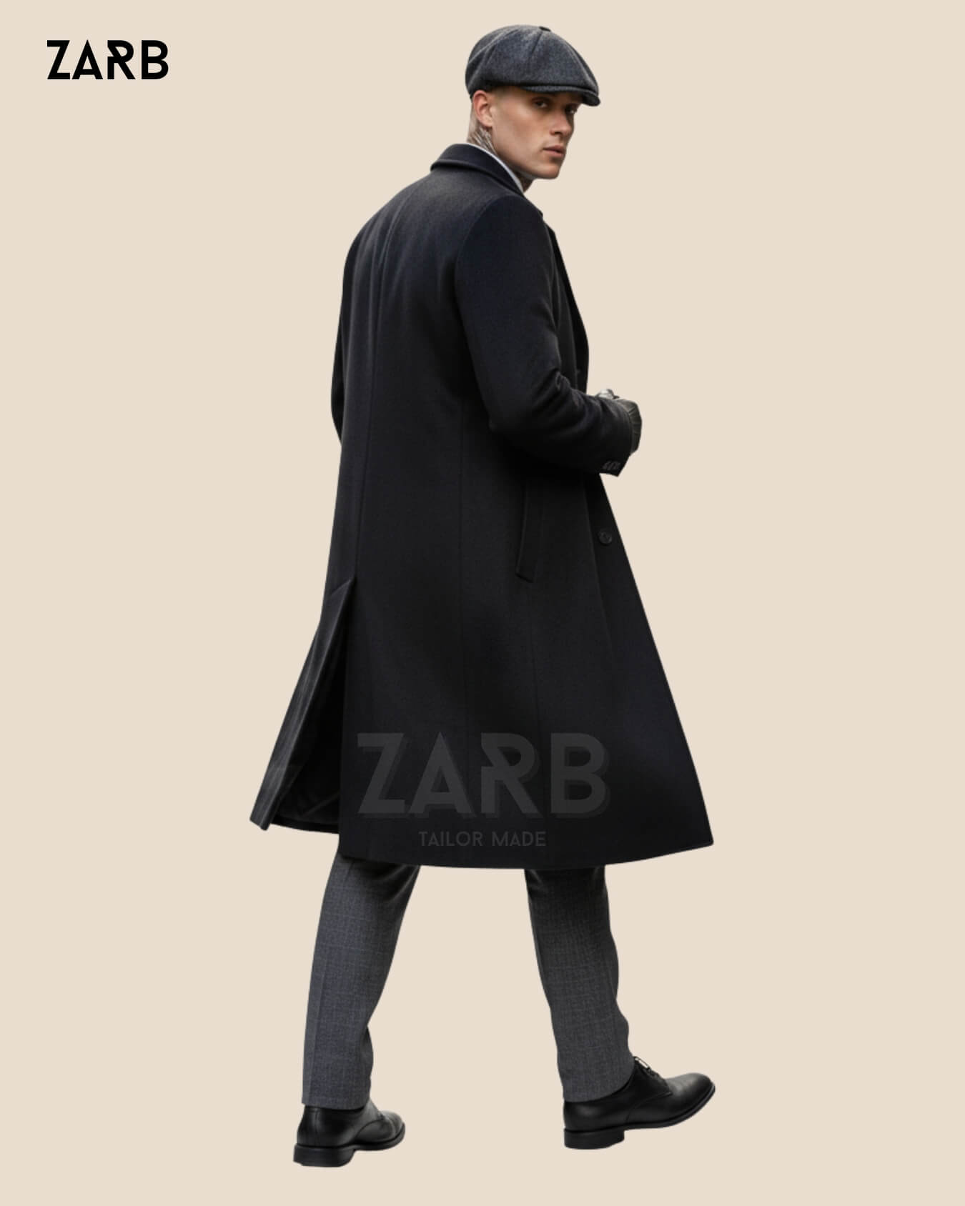 Peaky Blinders Suit with Black Wool Long Coat and Cap – Thomas Shelby Inspired Outfit by ZARB Tailor Made