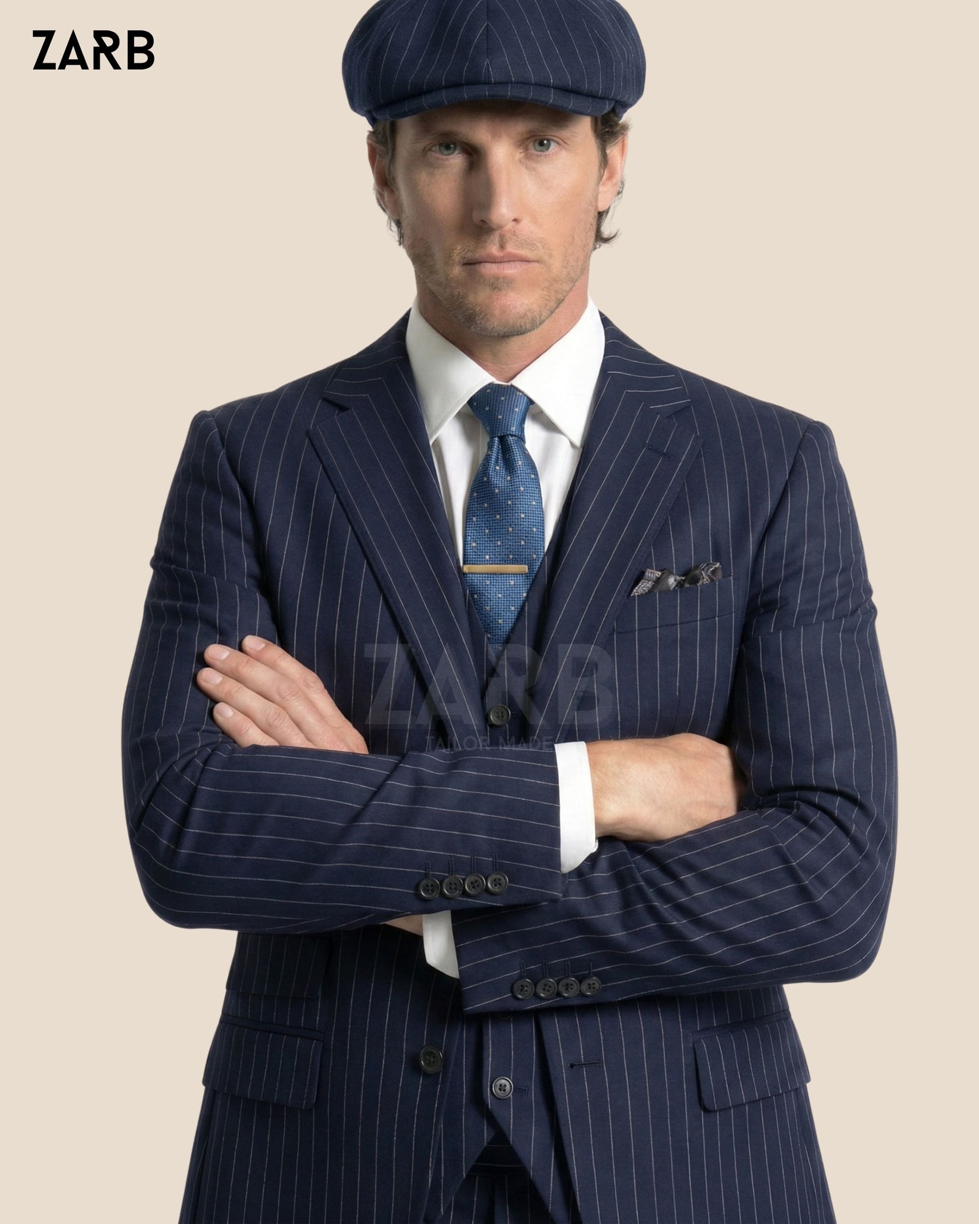 Peaky Blinders inspired blue pinstripe suit men wedding formal wear