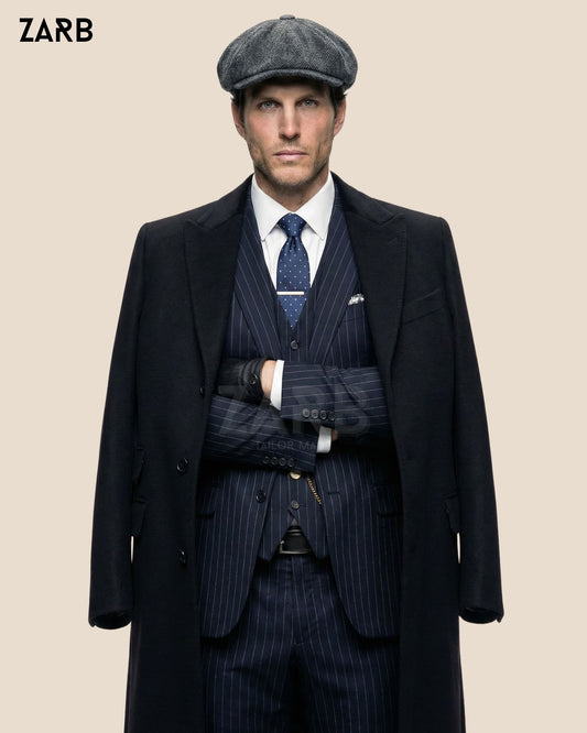 Peaky Blinders style black tweed wool overcoat with navy blue pinstripe 3 piece suit