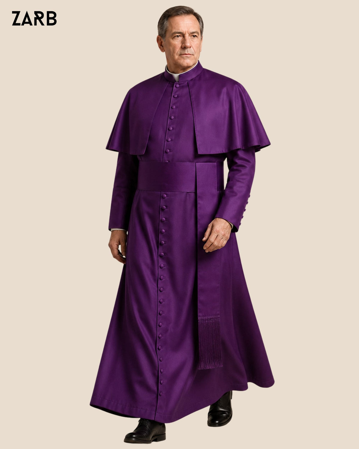 A man modeling a long purple clerical robe with a high collar, front buttons, and a matching waist sash.