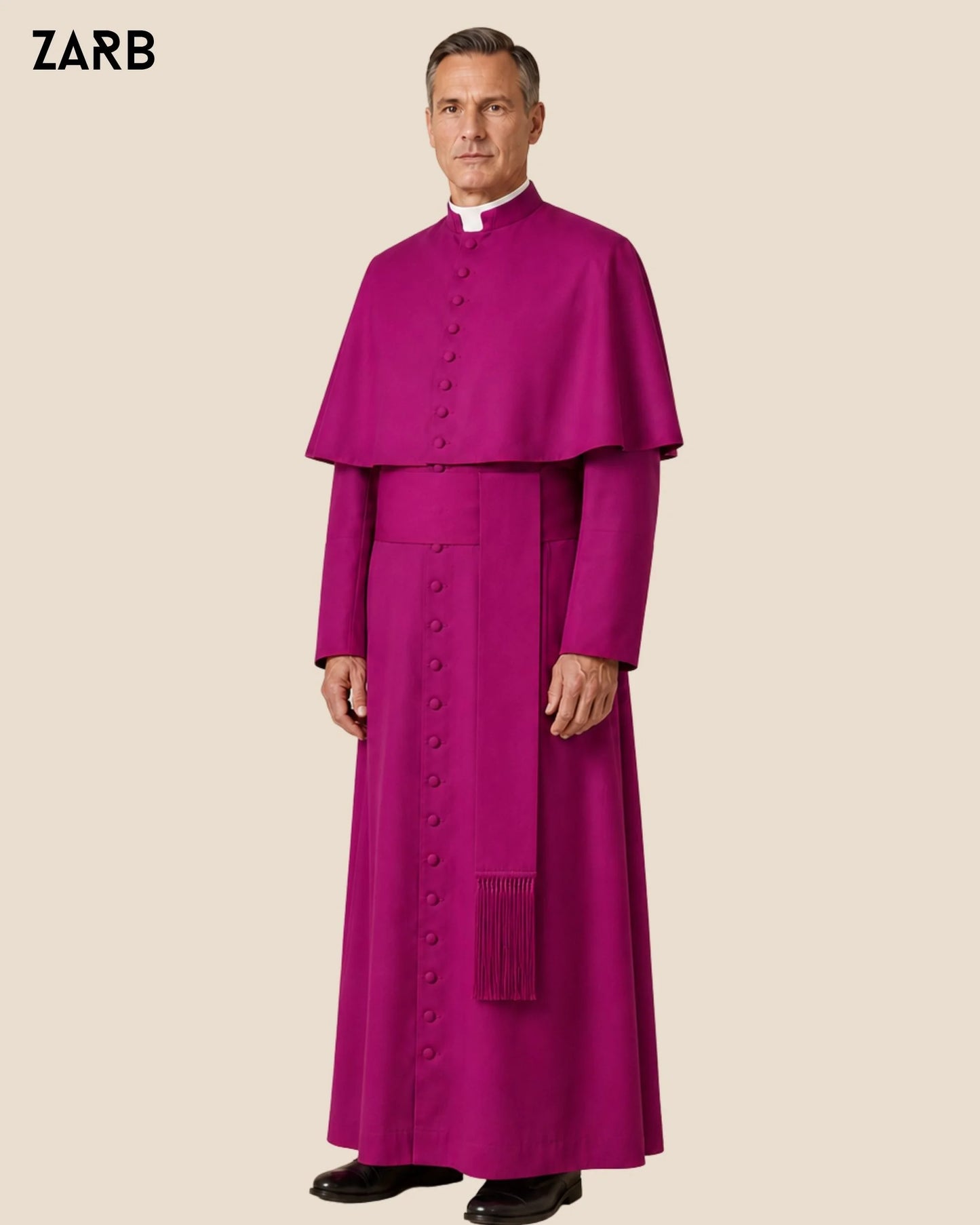 Purple Roman cassock with button-front mozzetta and fringed fascia sash