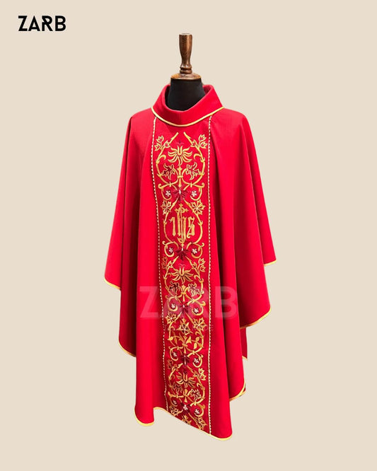 Red IHS chasuble with gold embroidery Catholic priest vestment front view ZARB Tailor Made