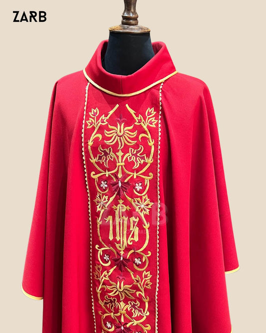 Rich red Gothic chasuble gold IHS Christogram and floral vine embroidery with matching stole