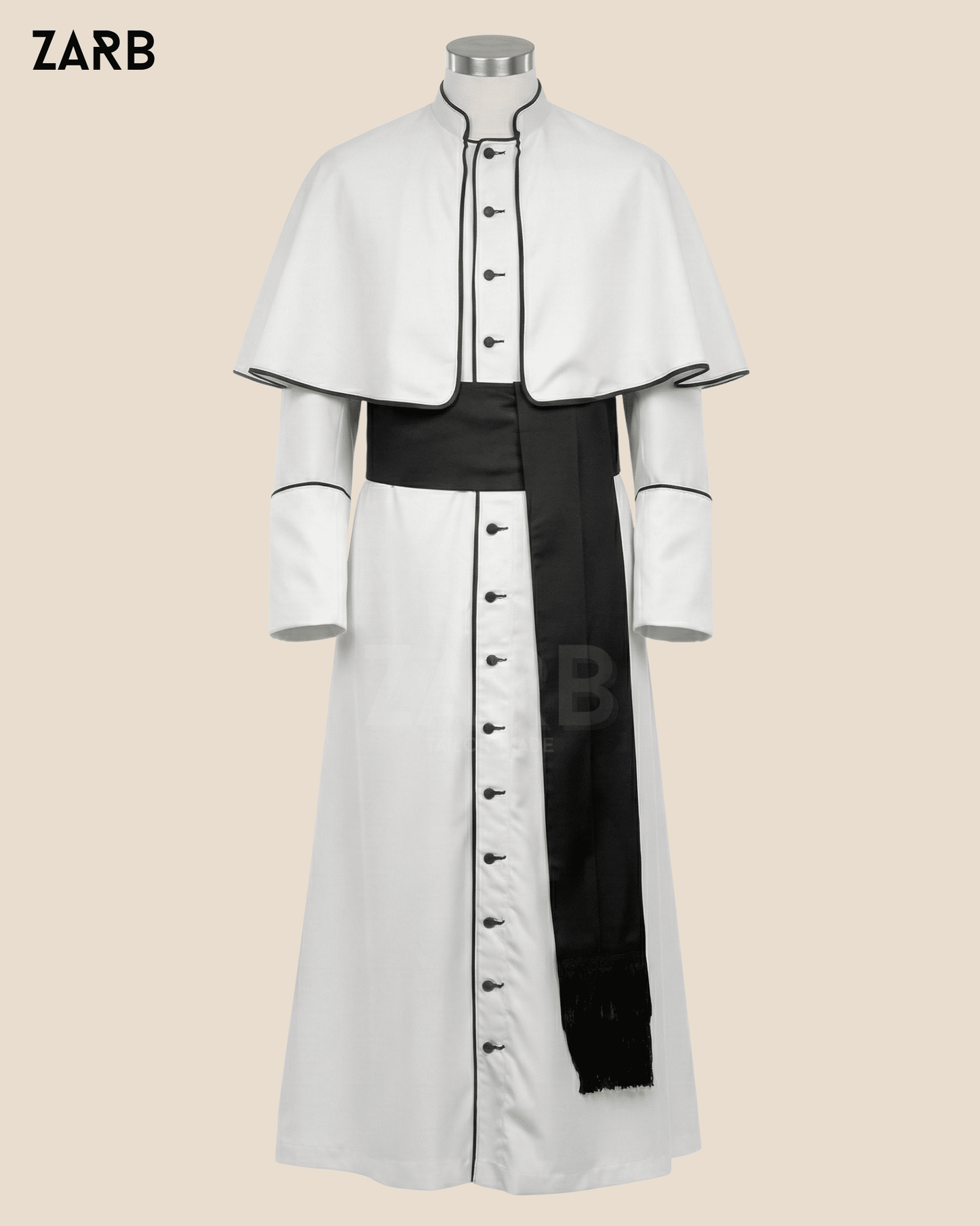 Roman Catholic priest white cassock with black sash cincture