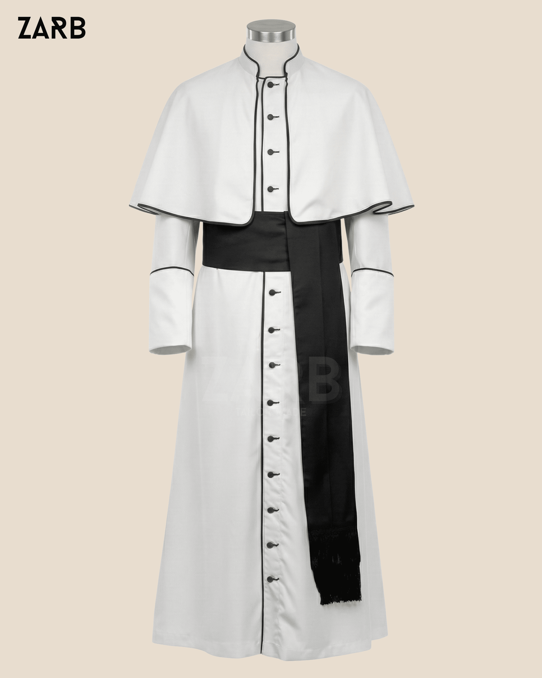 Roman Catholic priest white cassock with black sash cincture