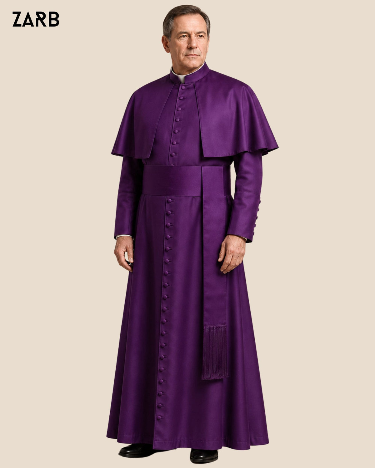 Roman purple silk bishop cassock with 33 buttons, detachable pellegrina and matching fascia