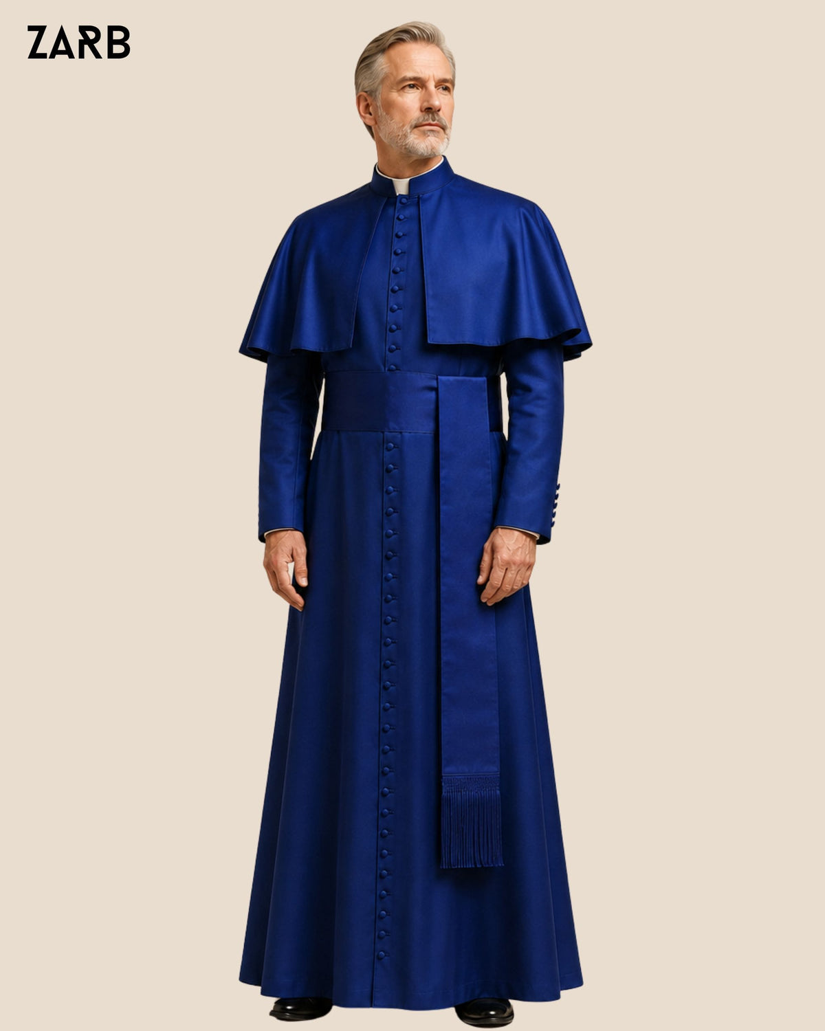 Royal blue silk bishop cassock with 33 buttons, detachable pellegrina and matching fascia