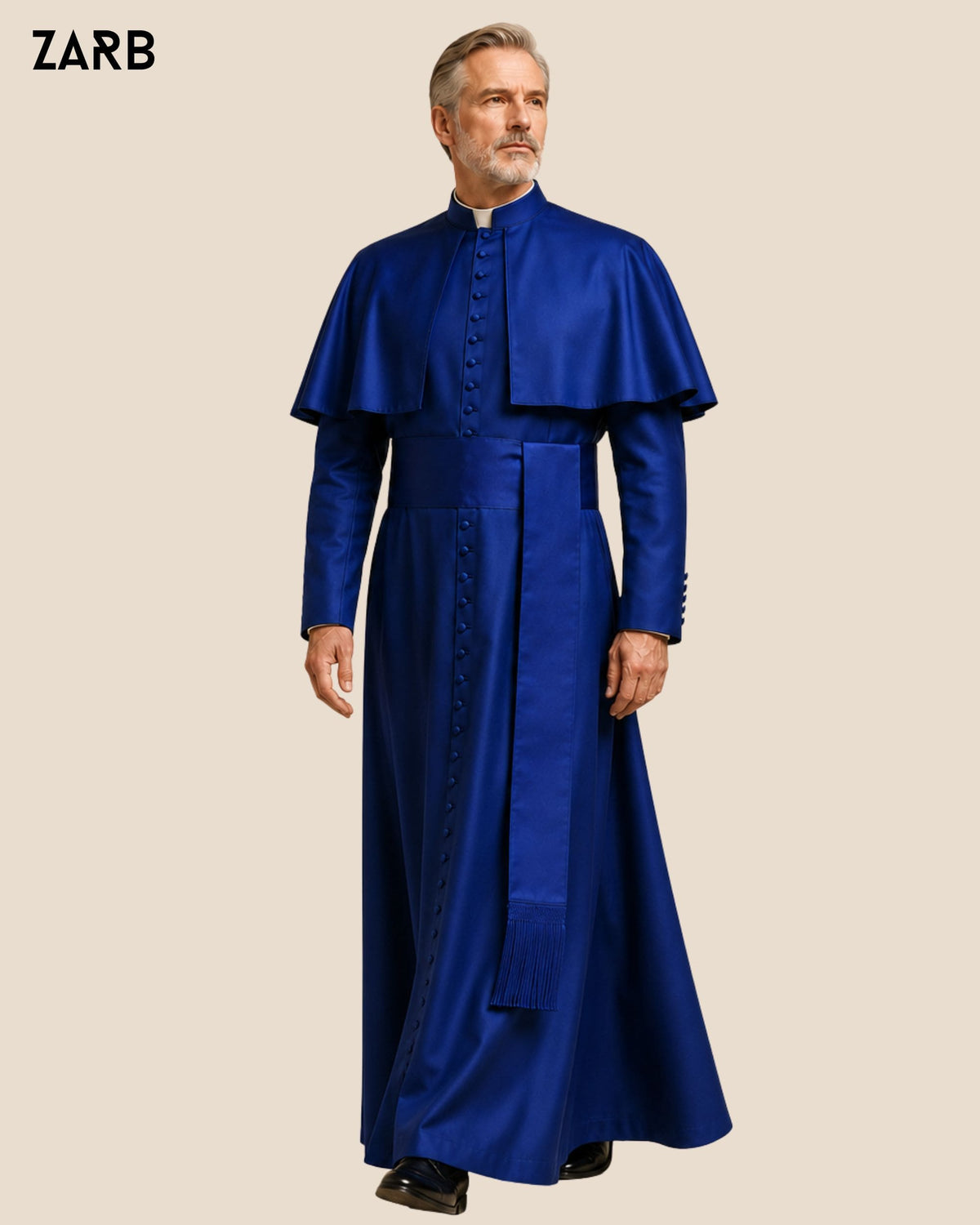 Royal blue silk cassock collar with matching covered buttons and detachable pellegrina