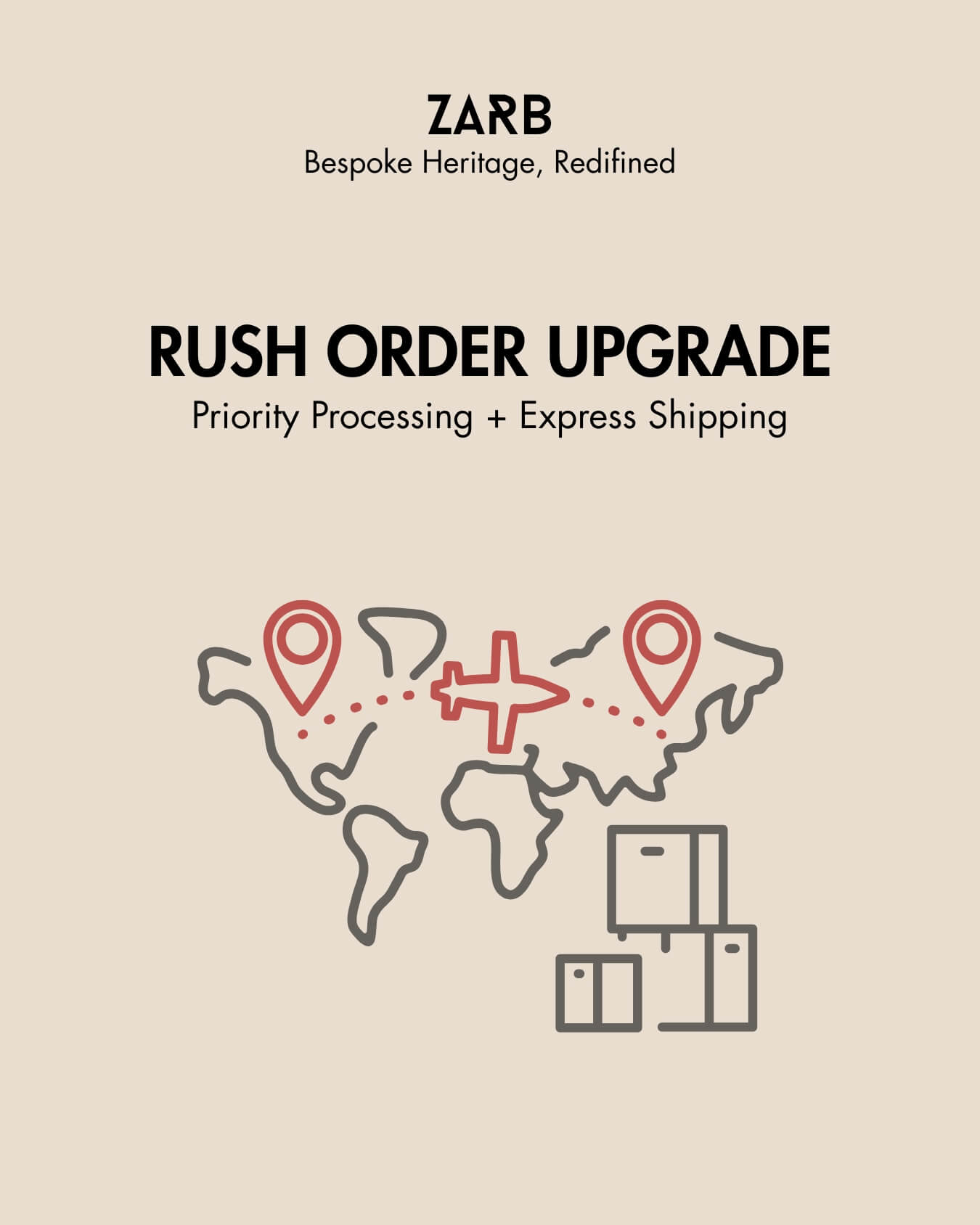 Advertisement for ZARB rush order upgrade service with world map and airplane icon on beige background