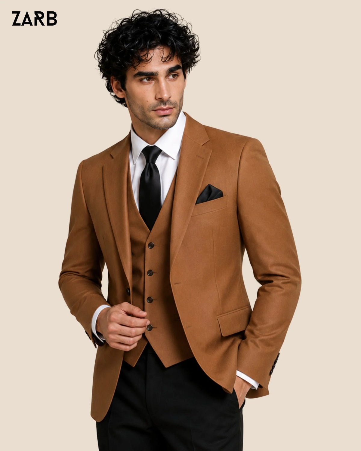Rust brown groom suit with matching vest and contrasting black trousers
