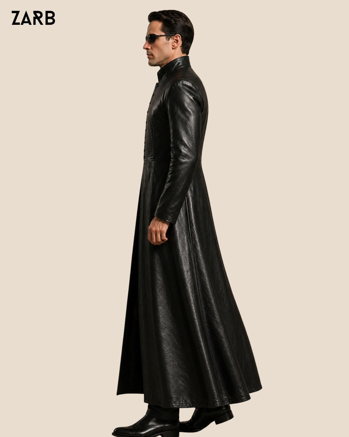 Side view men's full length black leather Matrix style coat in genuine sheepskin