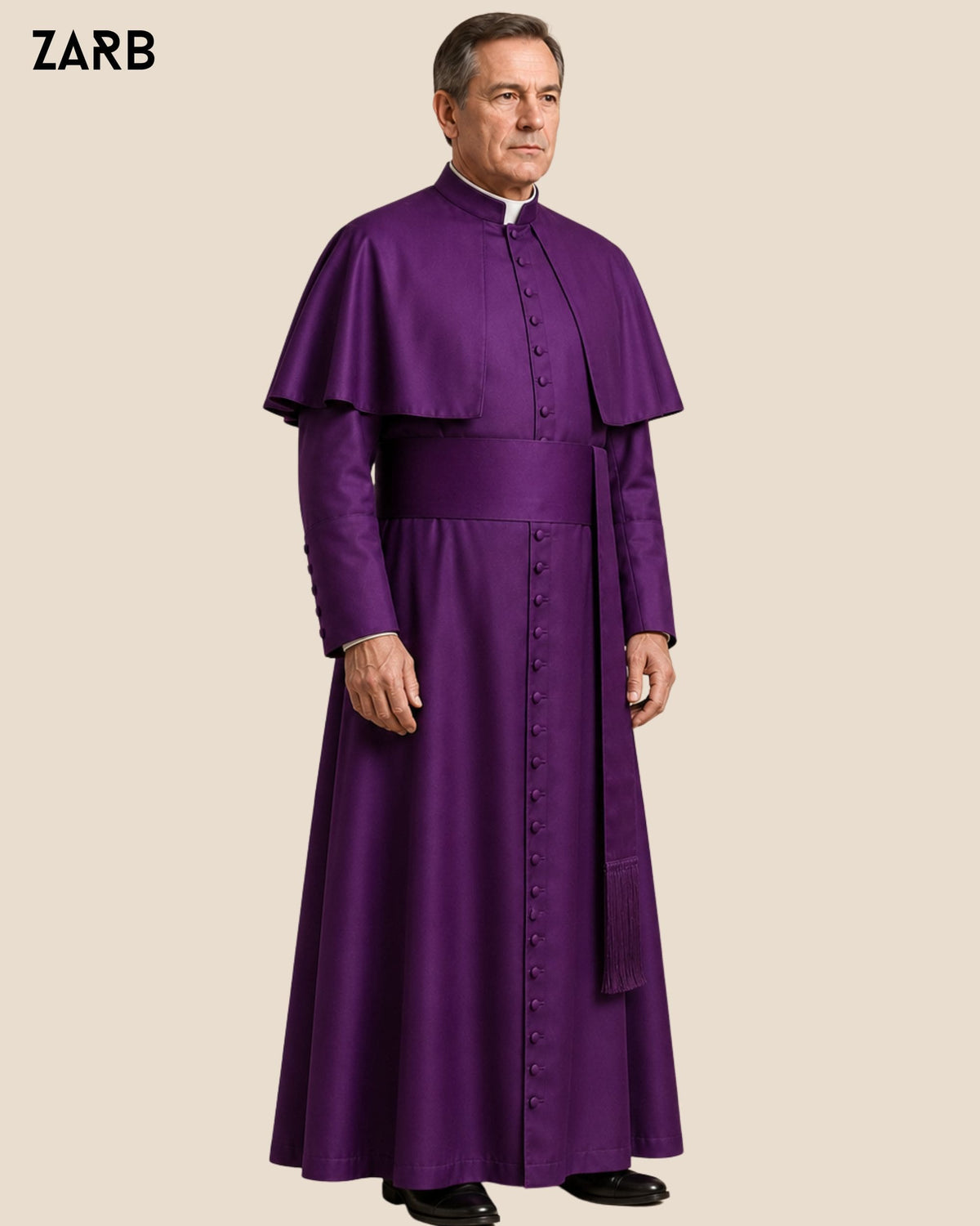 Side view of custom purple silk bishop cassock with detachable shoulder pellegrina