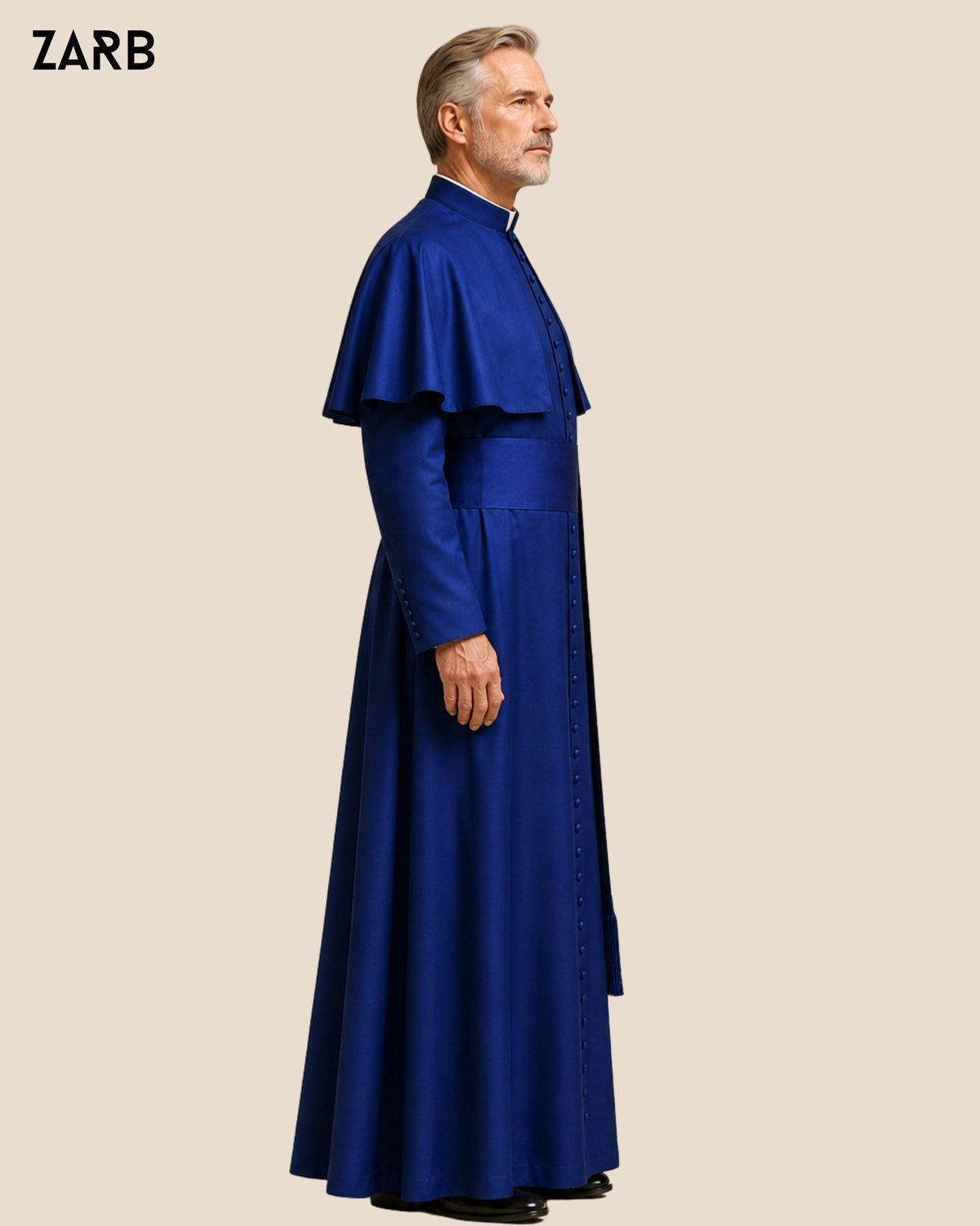 Side view of royal blue silk clergy cassock with elbow length pellegrina shoulder cape