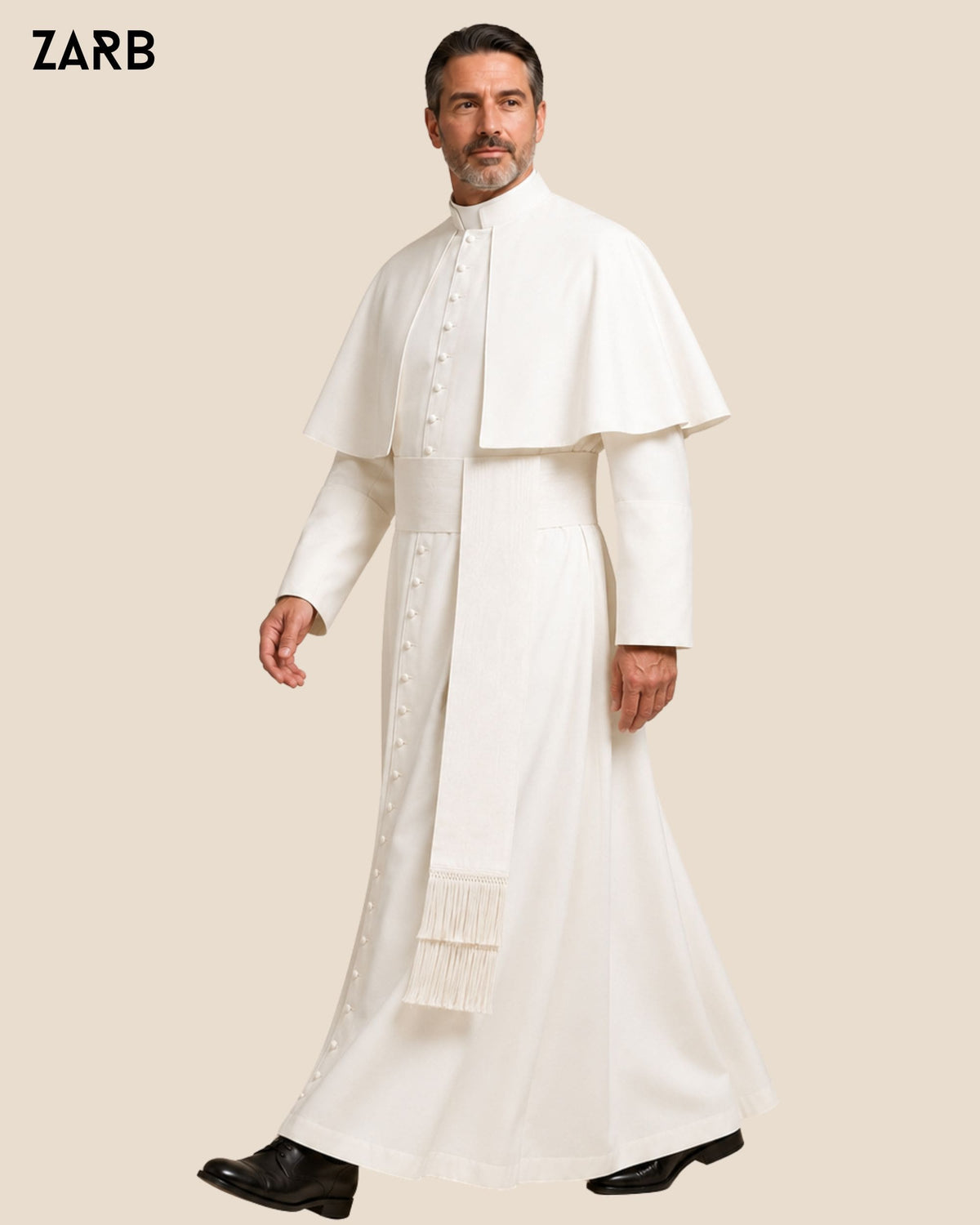 Side view of white clergy cassock with shoulder cape and lightweight wool blend construction