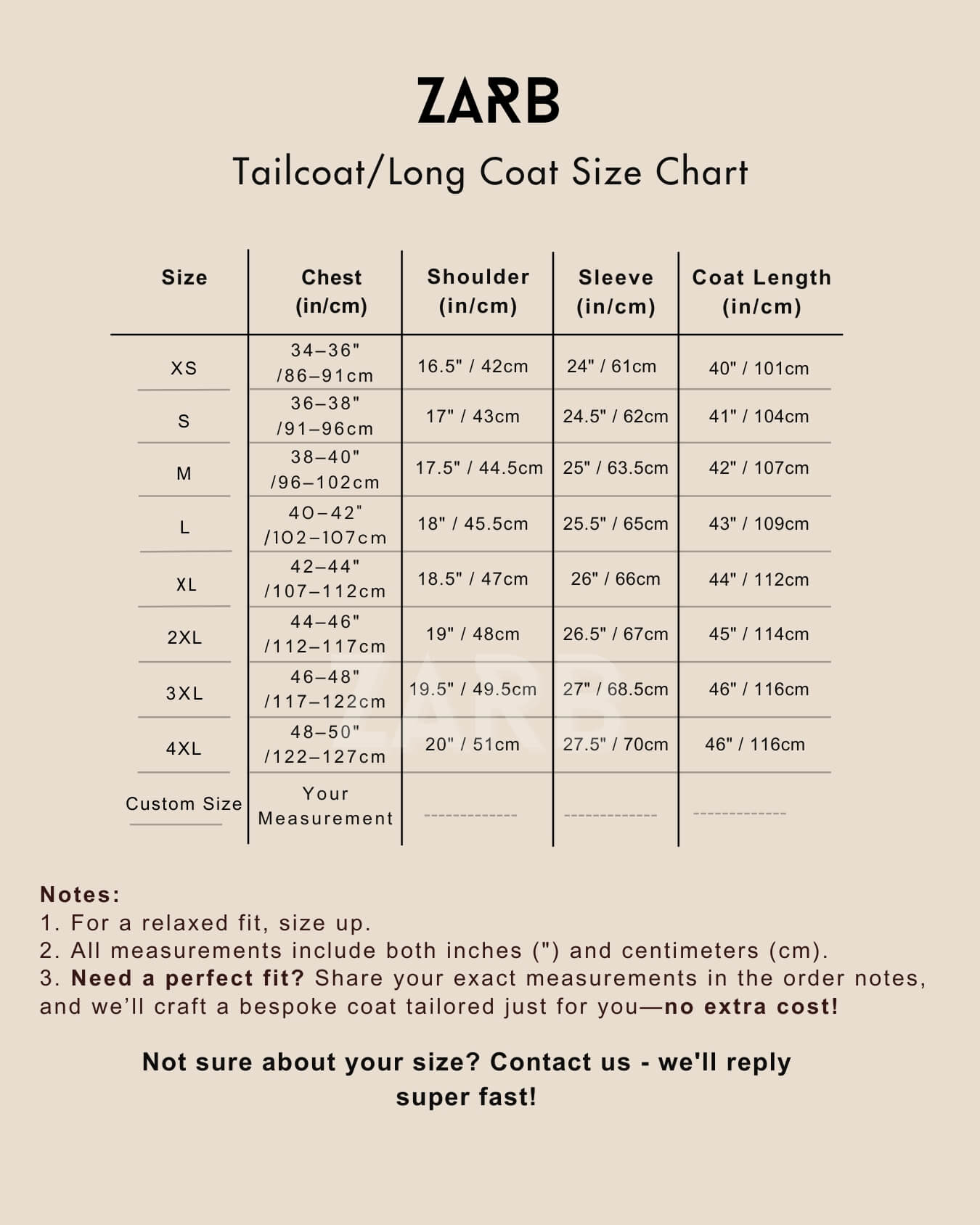 ZARB tailcoat/long coat size chart on a beige background