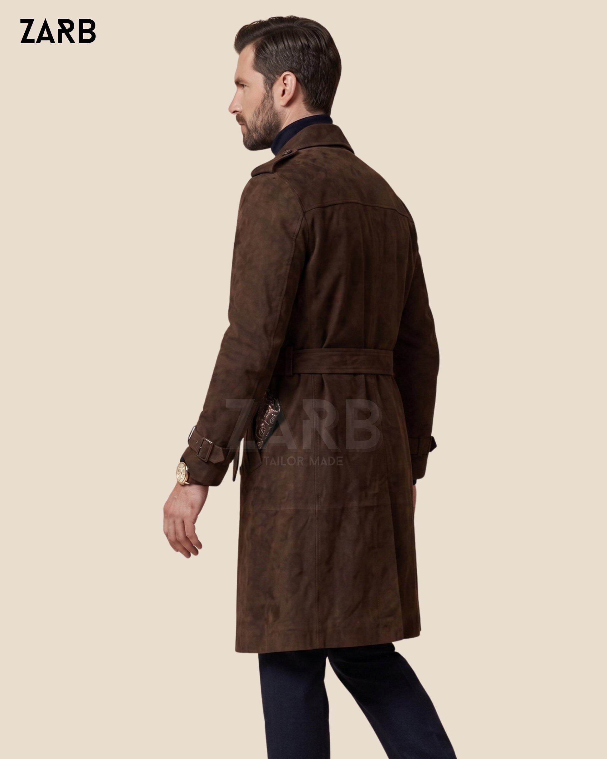 Tailored dark brown trench coat for men in suede leather with formal styling