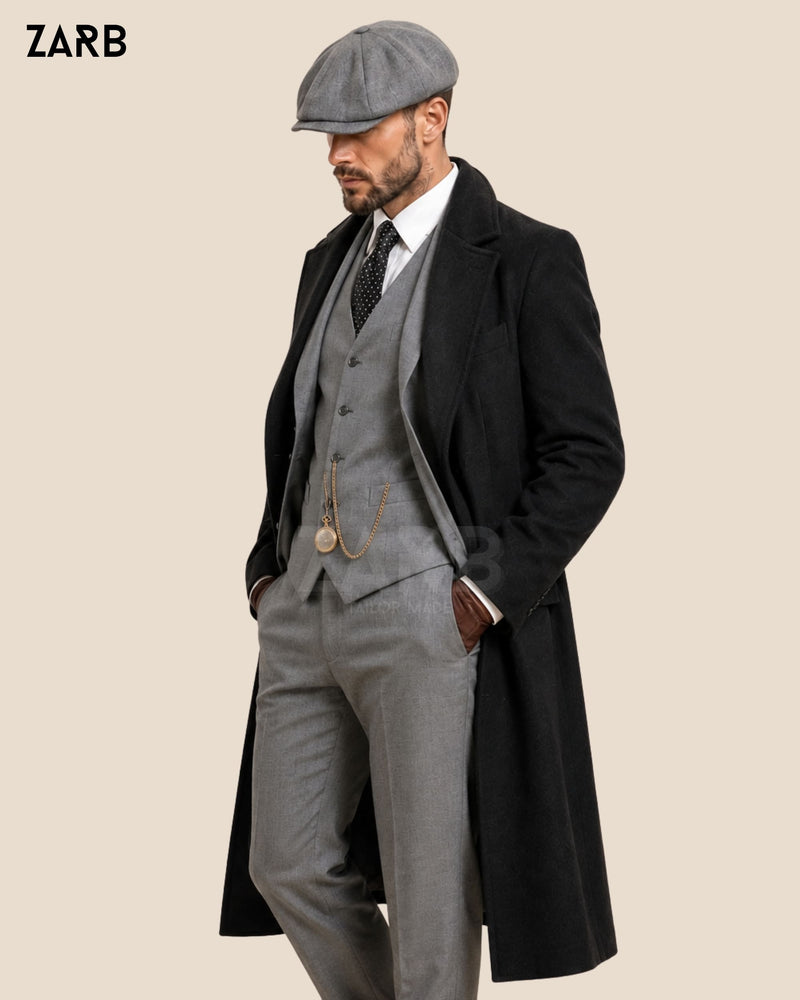 Thomas Shelby Peaky Blinders Grey TR 3-Piece
Suit with Black Wool Long Coat and Flat Cap —
Custom Bespoke Men's Outfit by ZARB Officials