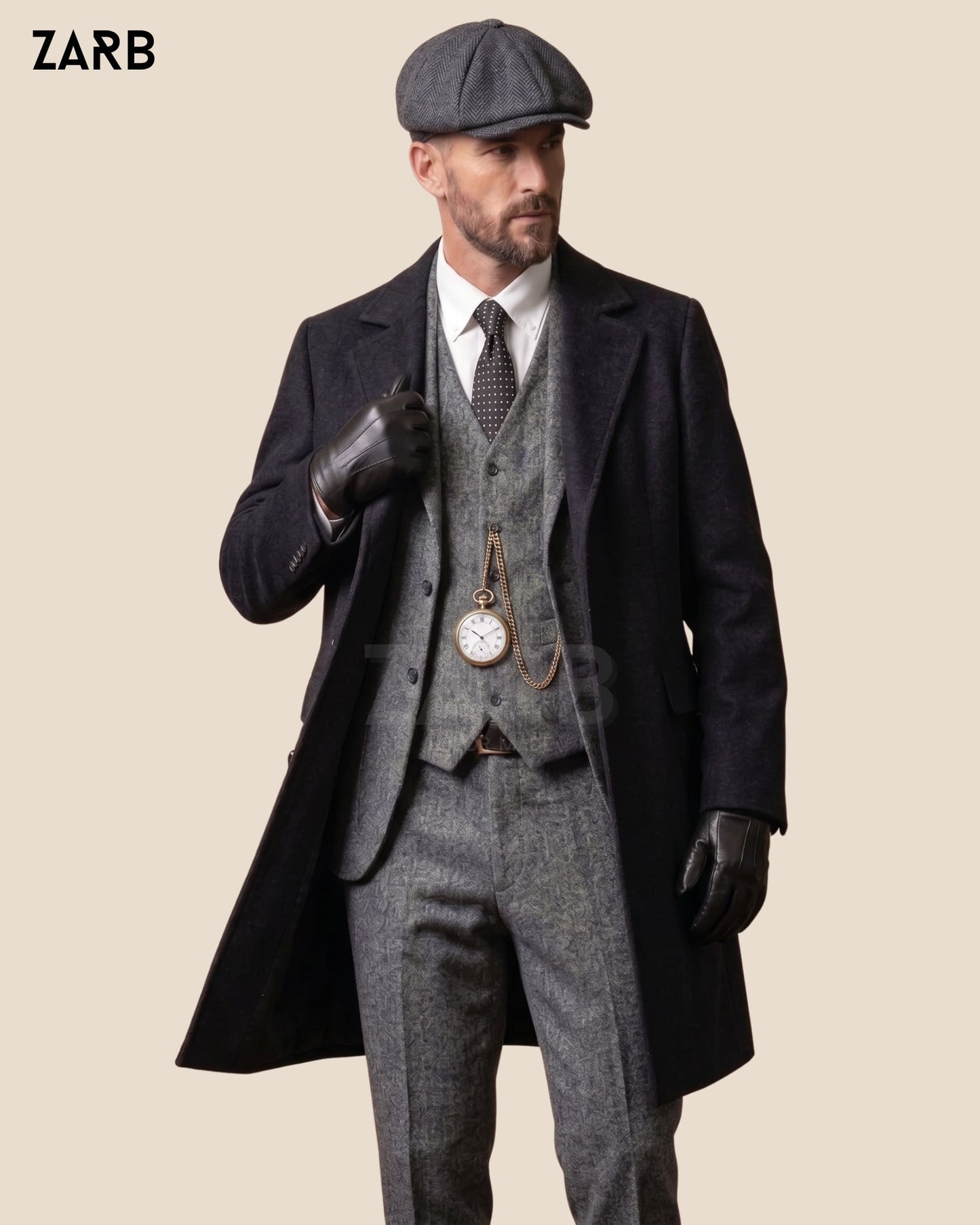 Thomas Shelby Peaky Blinders Grey Tweed 3-Piece Suit with Black Wool Long Coat and Cap — Custom Tailored Men's Outfit