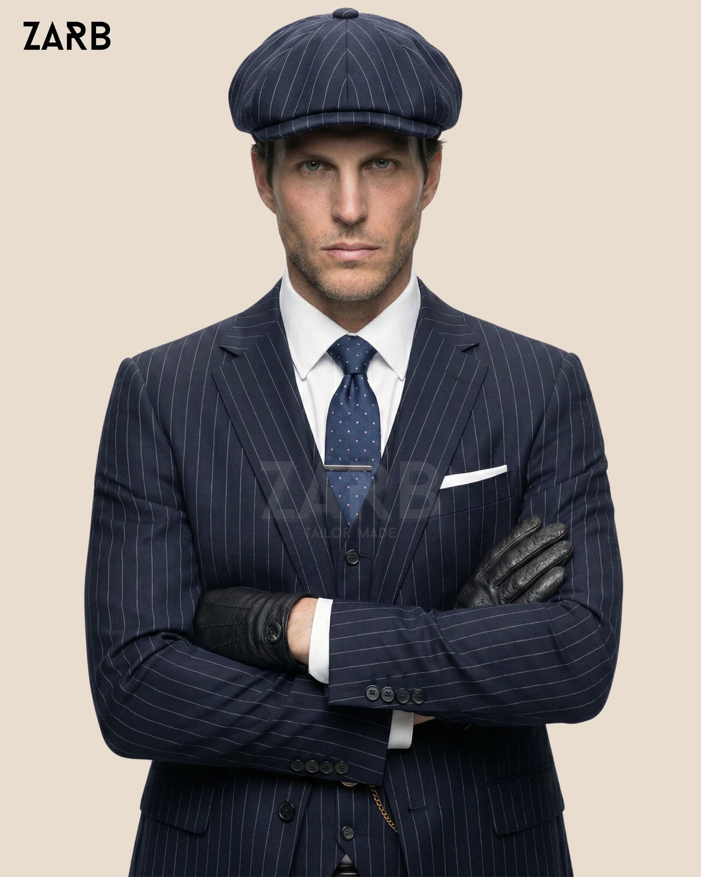 Thomas Shelby inspired black overcoat with navy pinstripe three piece suit