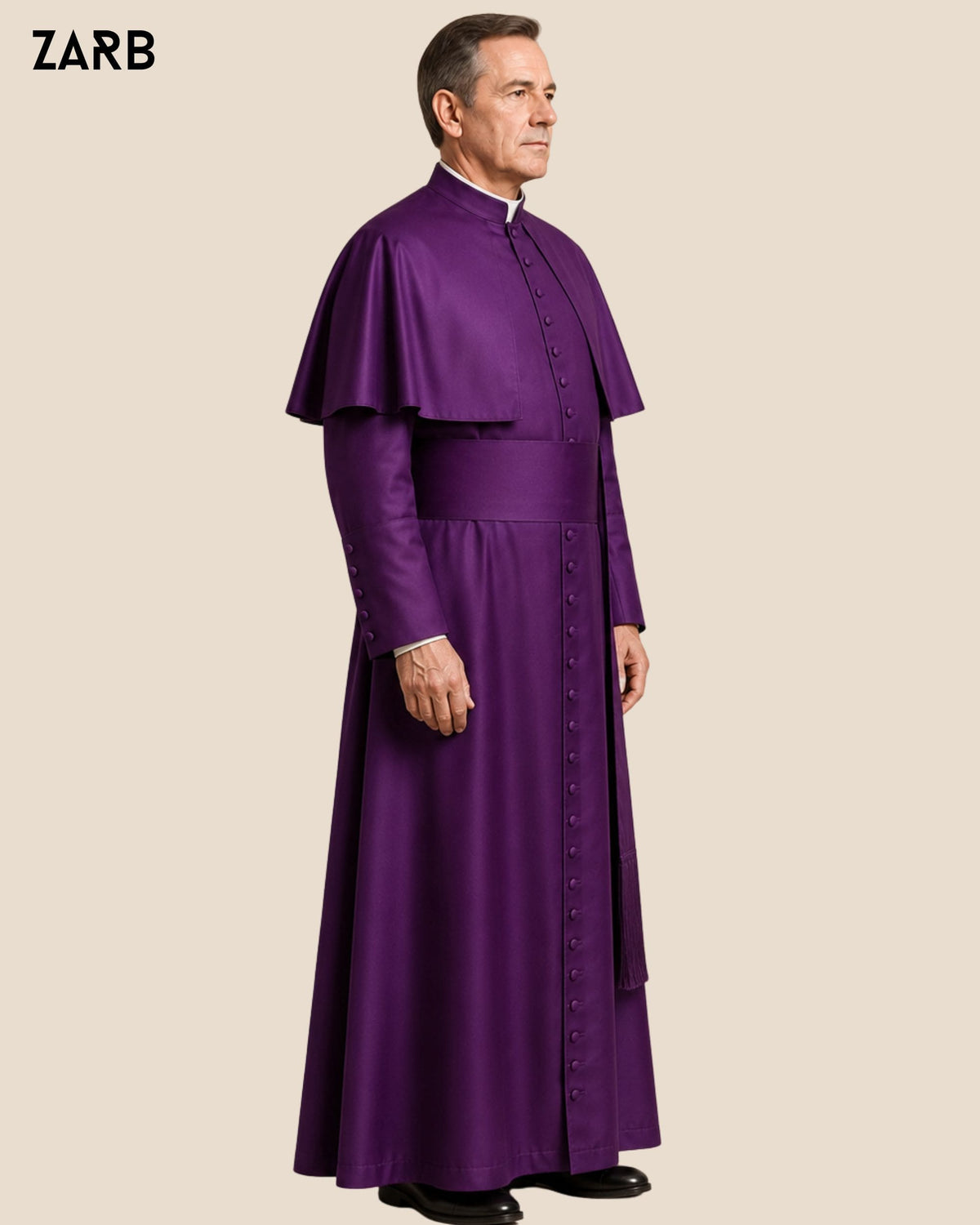 Three-quarter view of Roman purple silk bishop cassock with pellegrina and fascia