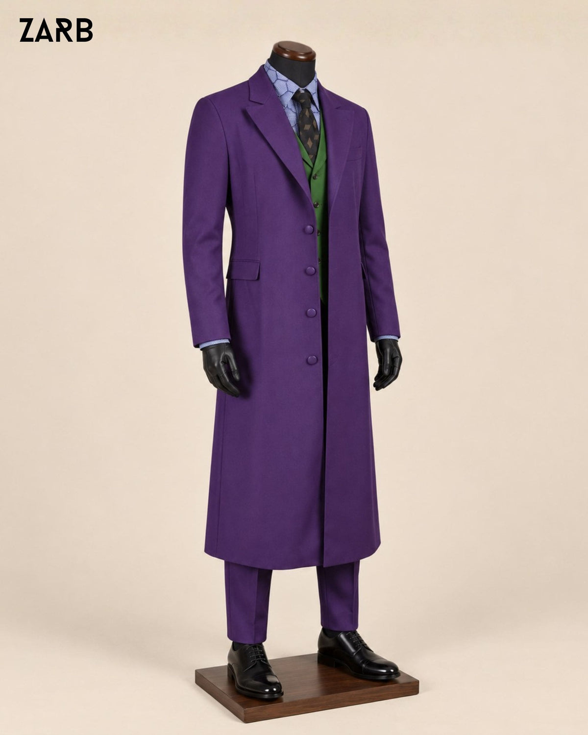 Three quarter view Joker inspired purple coat green vest and matching trousers costume