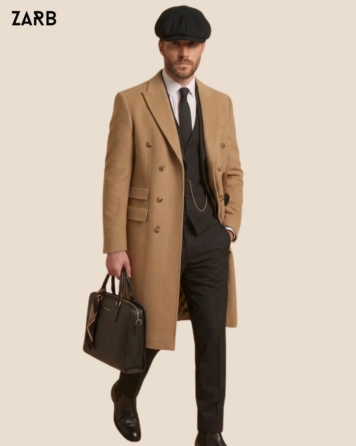 Three quarter view camel wool overcoat worn with black 3 piece 1920s style suit