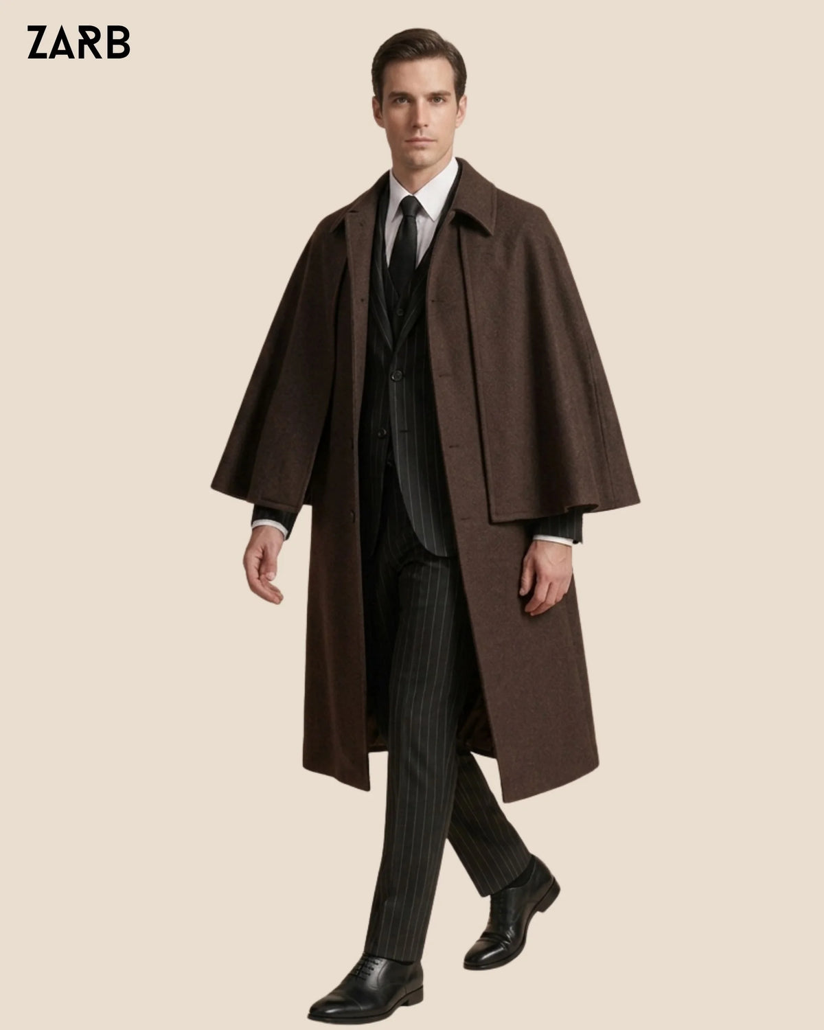 Three quarter view men's dark brown Victorian Inverness cape overcoat