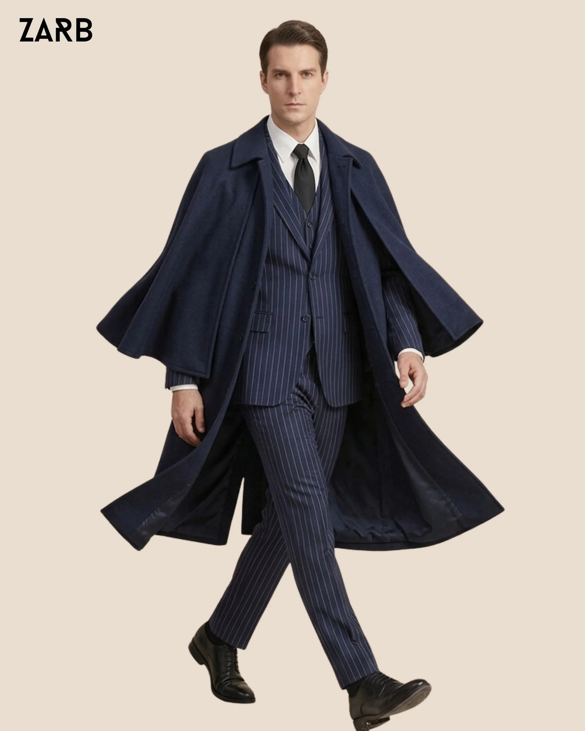 Three quarter view men’s navy Victorian Inverness cape overcoat with flowing shoulder cape