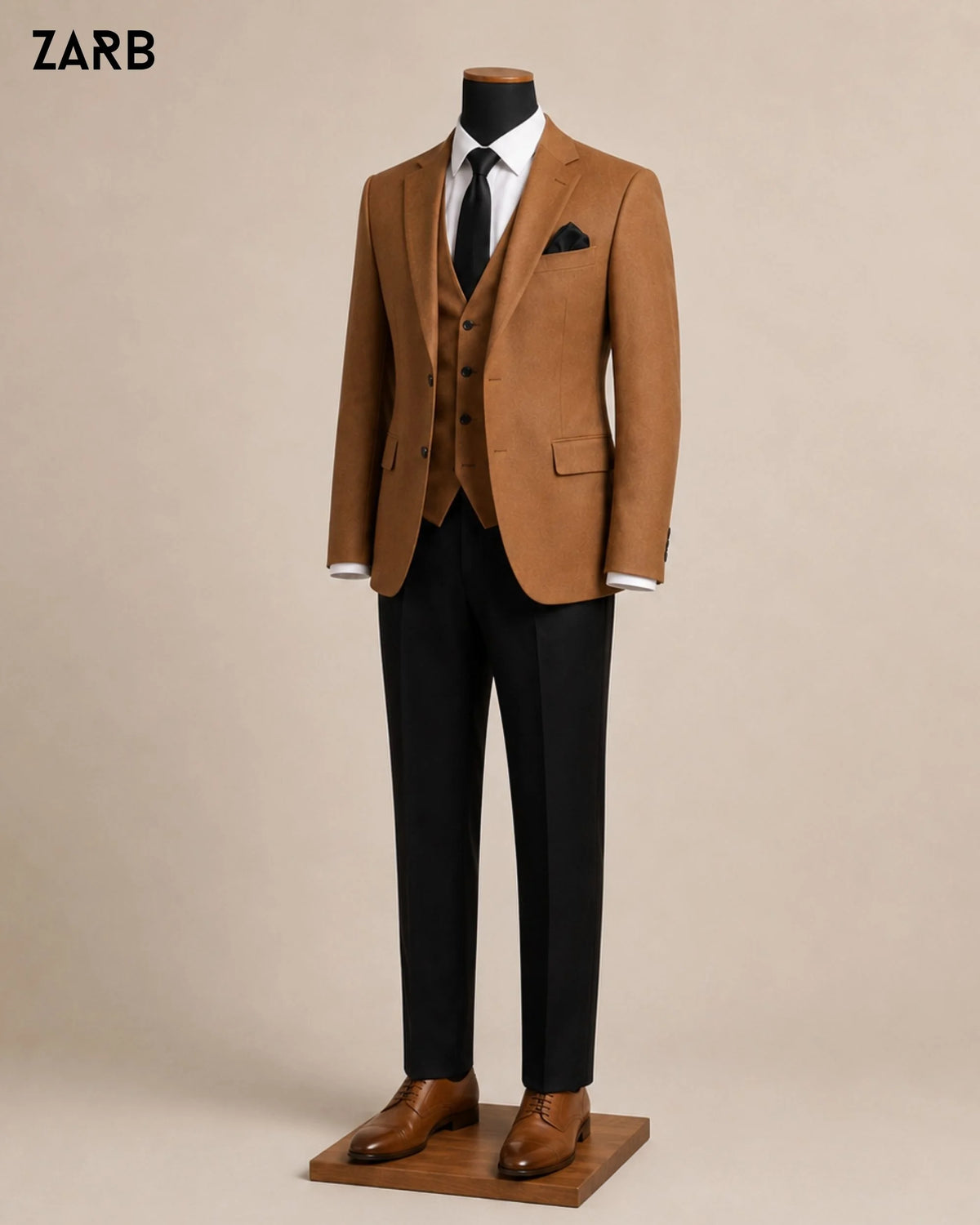 Three quarter view of rust brown wedding suit with black trousers in premium TR fabric on male mannequin