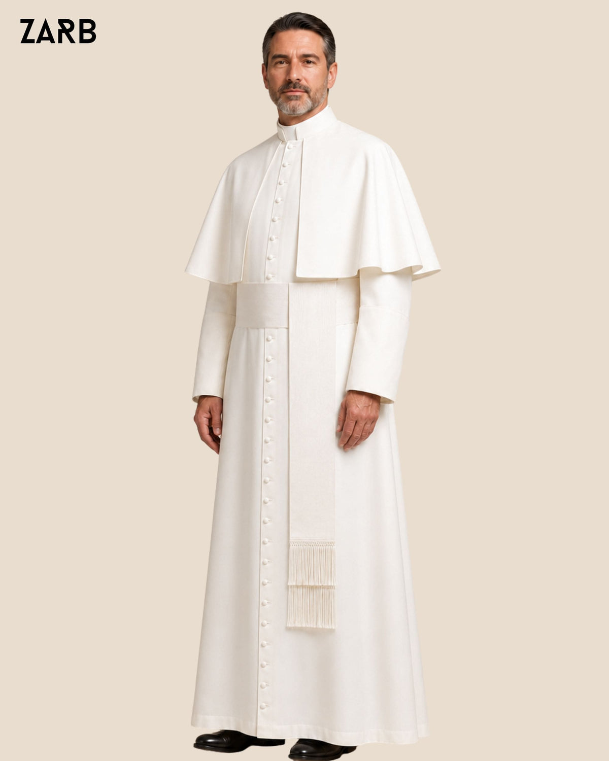 Three quarter view of white cassock with pellegrina fascia and 33 covered buttons
