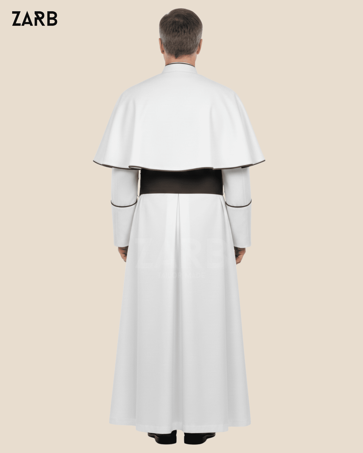 Traditional Catholic clergy robe white with black buttons and piping