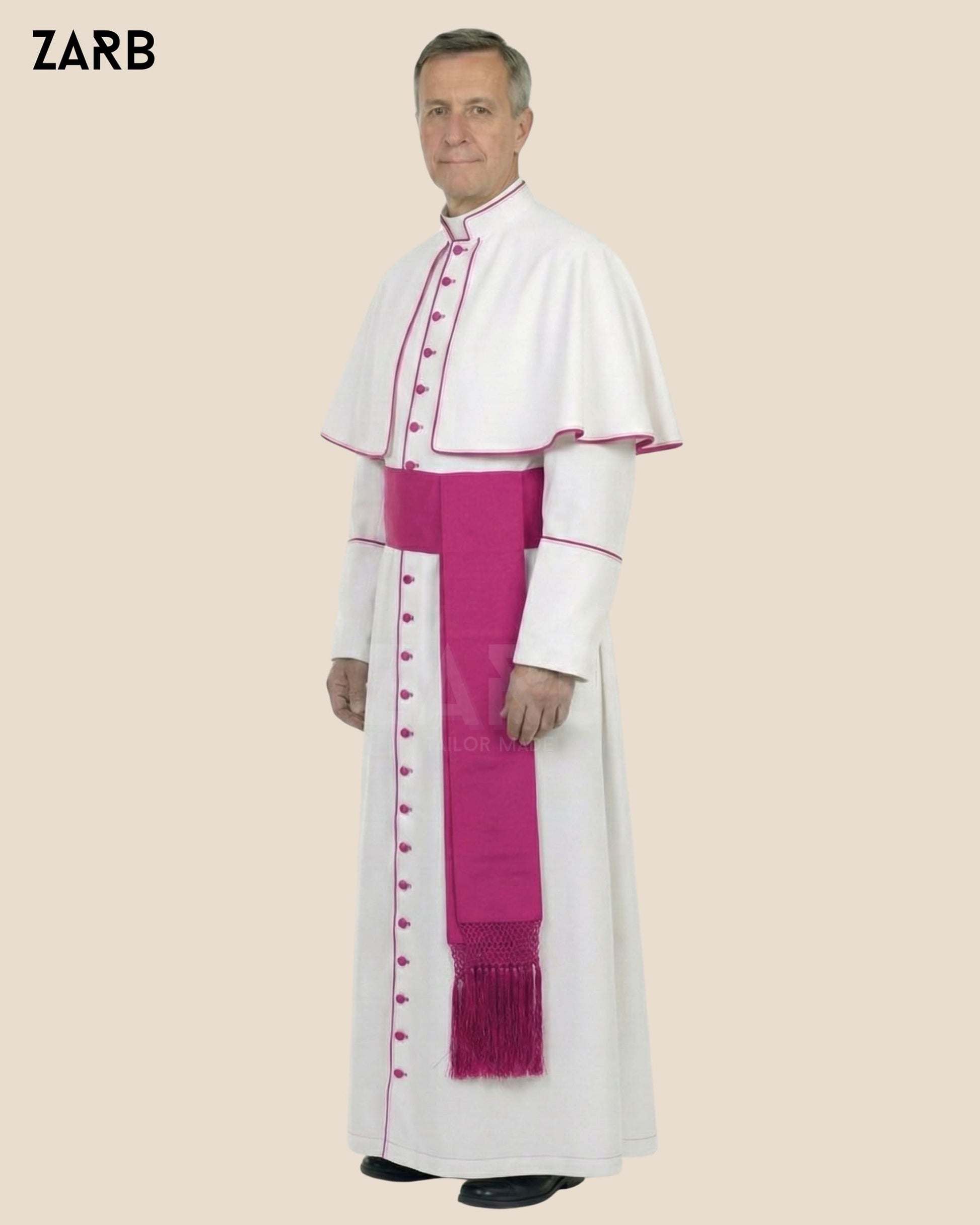 Traditional white Catholic cassock with purple piping fascia and shoulder cape