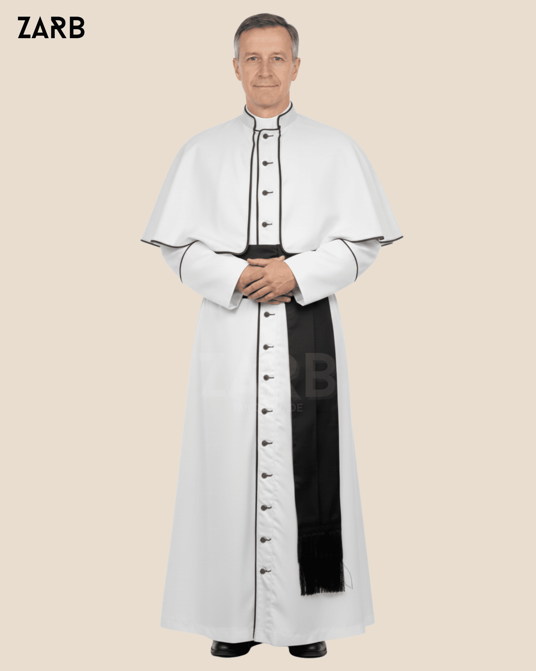 White Clergy Cassock with Black Trim &amp; Buttons – Roman Catholic Priest Cassock with Sash (Cincture) &amp; Pellegrina