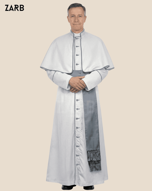 White Roman Cassock with Gray Trim, Grey Buttons, Grey Sash & Cape - Custom Tailored Clergy Soutane