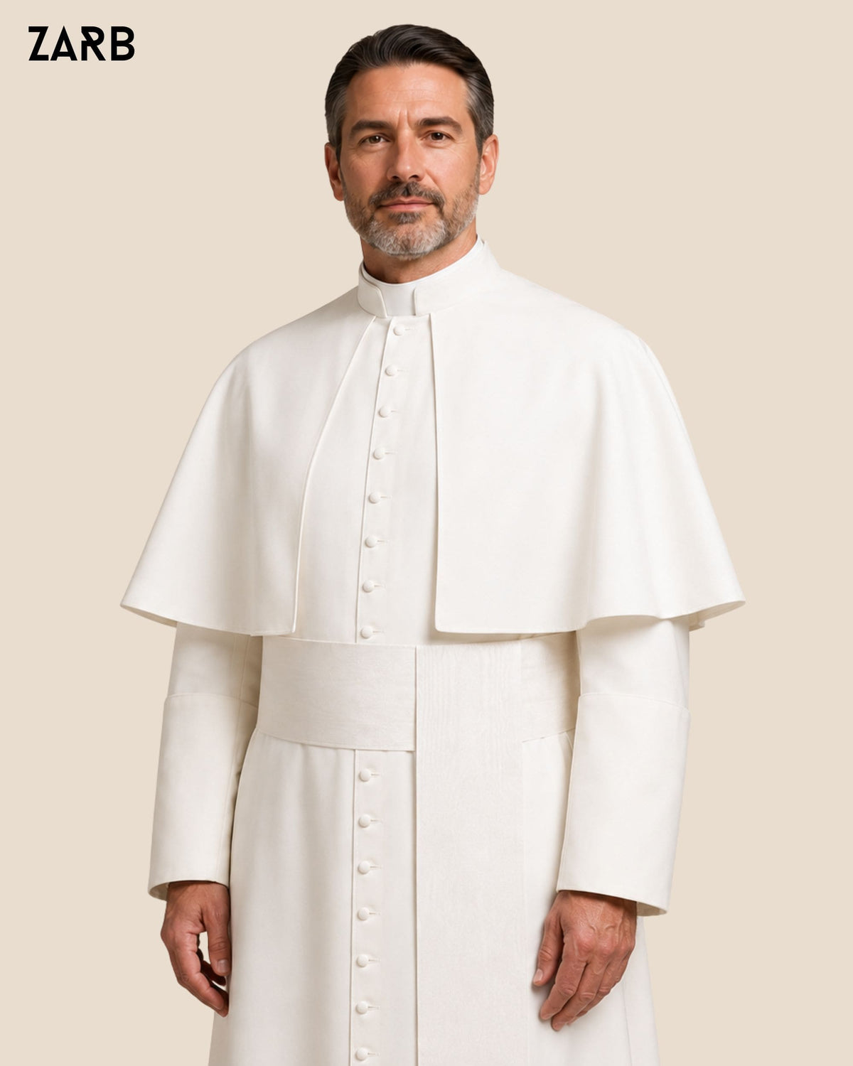 White Roman style cassock collar with covered buttons and detachable pellegrina