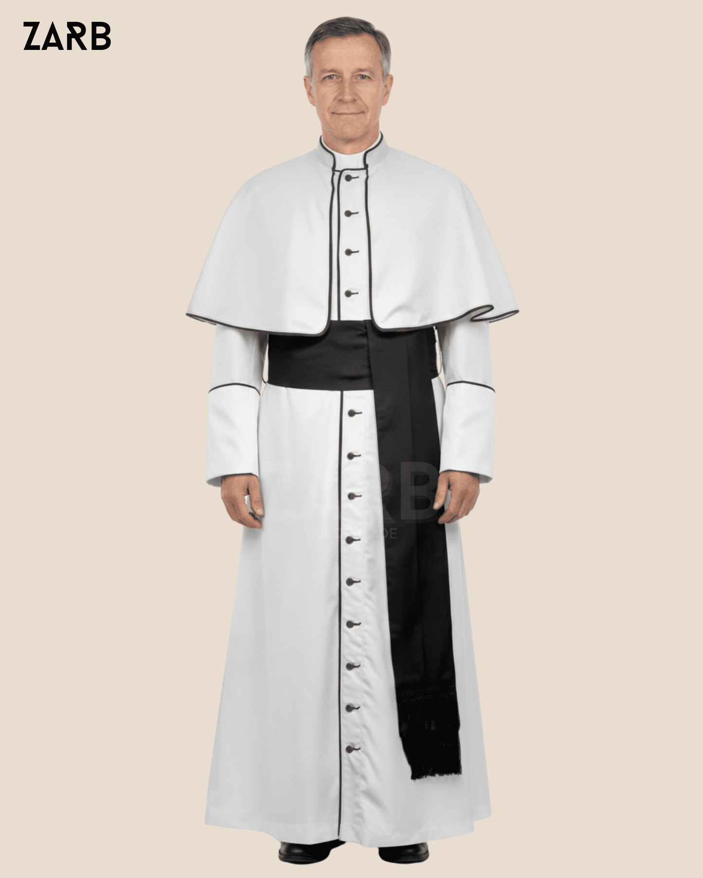 White clergy cassock with black trim buttons and pellegrina front view