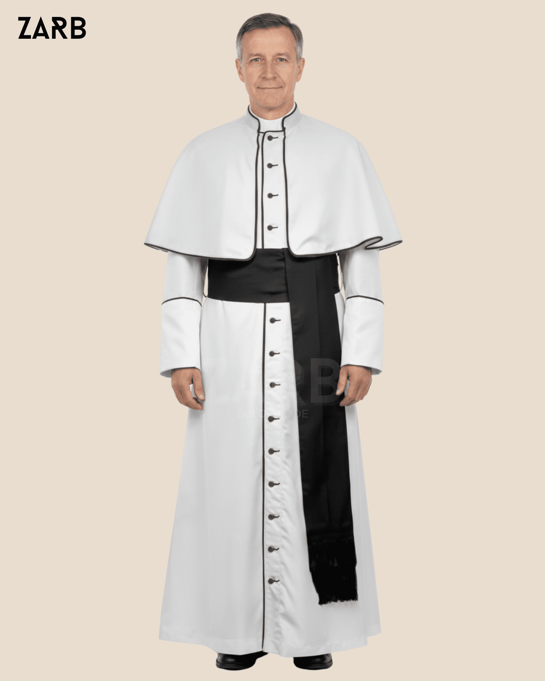 White clergy cassock with black trim buttons and pellegrina front view