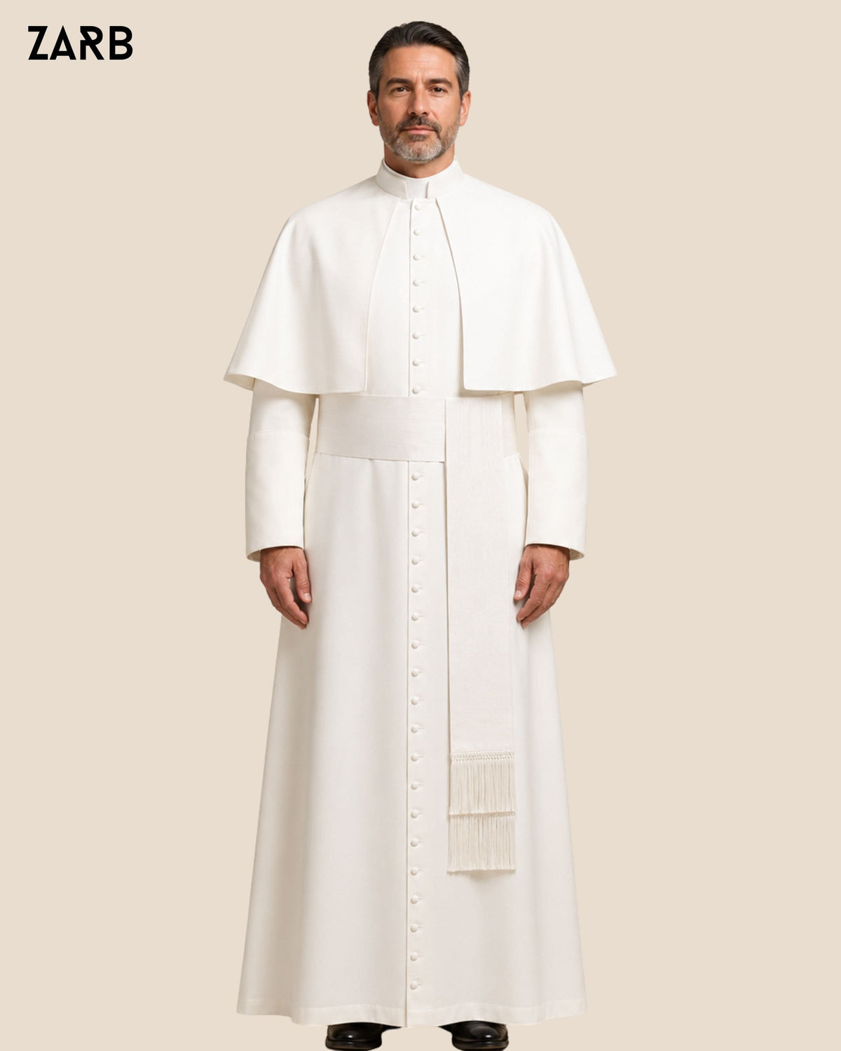 White clergy cassock with detachable pellegrina and matching fascia in lightweight wool blend