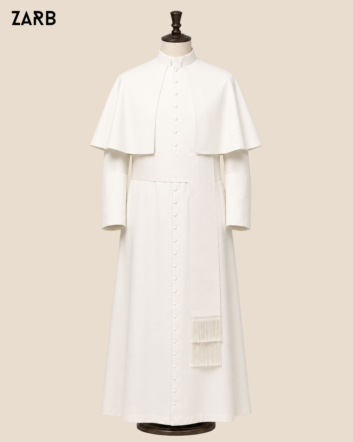 White clergy cassock with detachable pellegrina and matching fascia in lightweight wool blend on mannequin