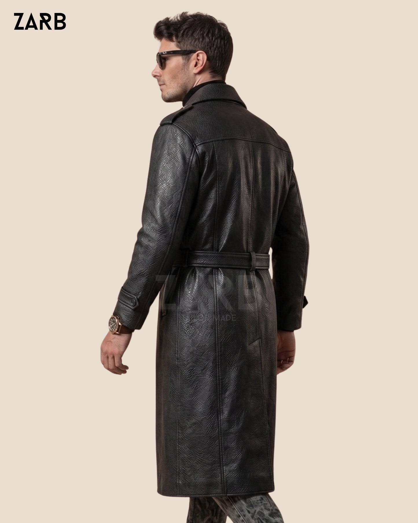Wide Leather Waist Belt with Silver Buckle on Black Custom Leather Long Coat — Men's Bespoke Outerwear ZARB