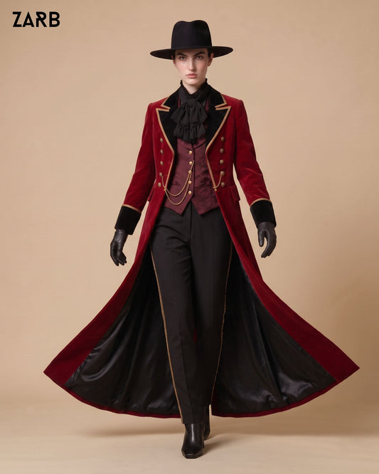 Women’s burgundy velvet Gothic tailcoat with black lapels gold trim brocade vest and trousers