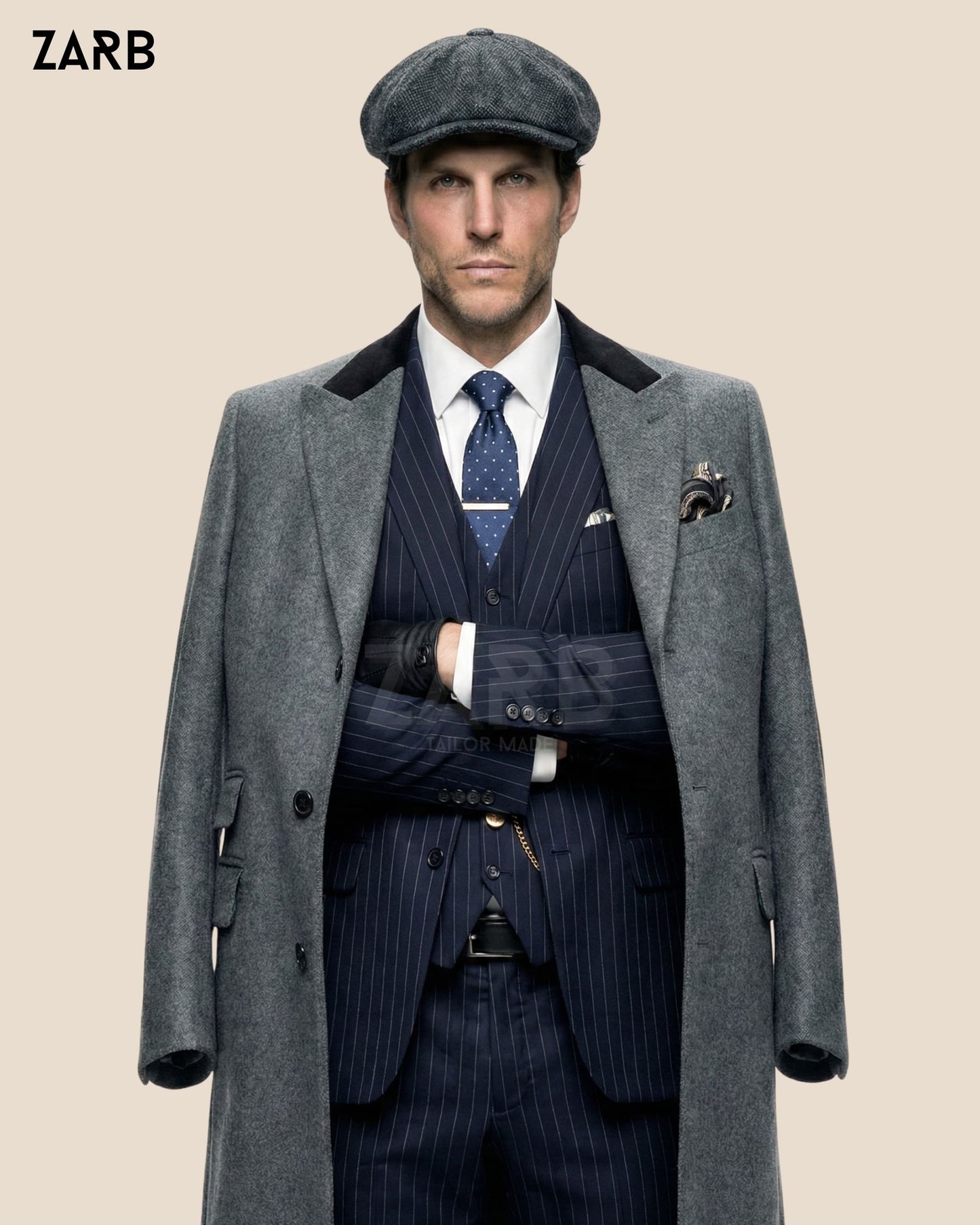 ZARB gray wool overcoat paired with suit and vest